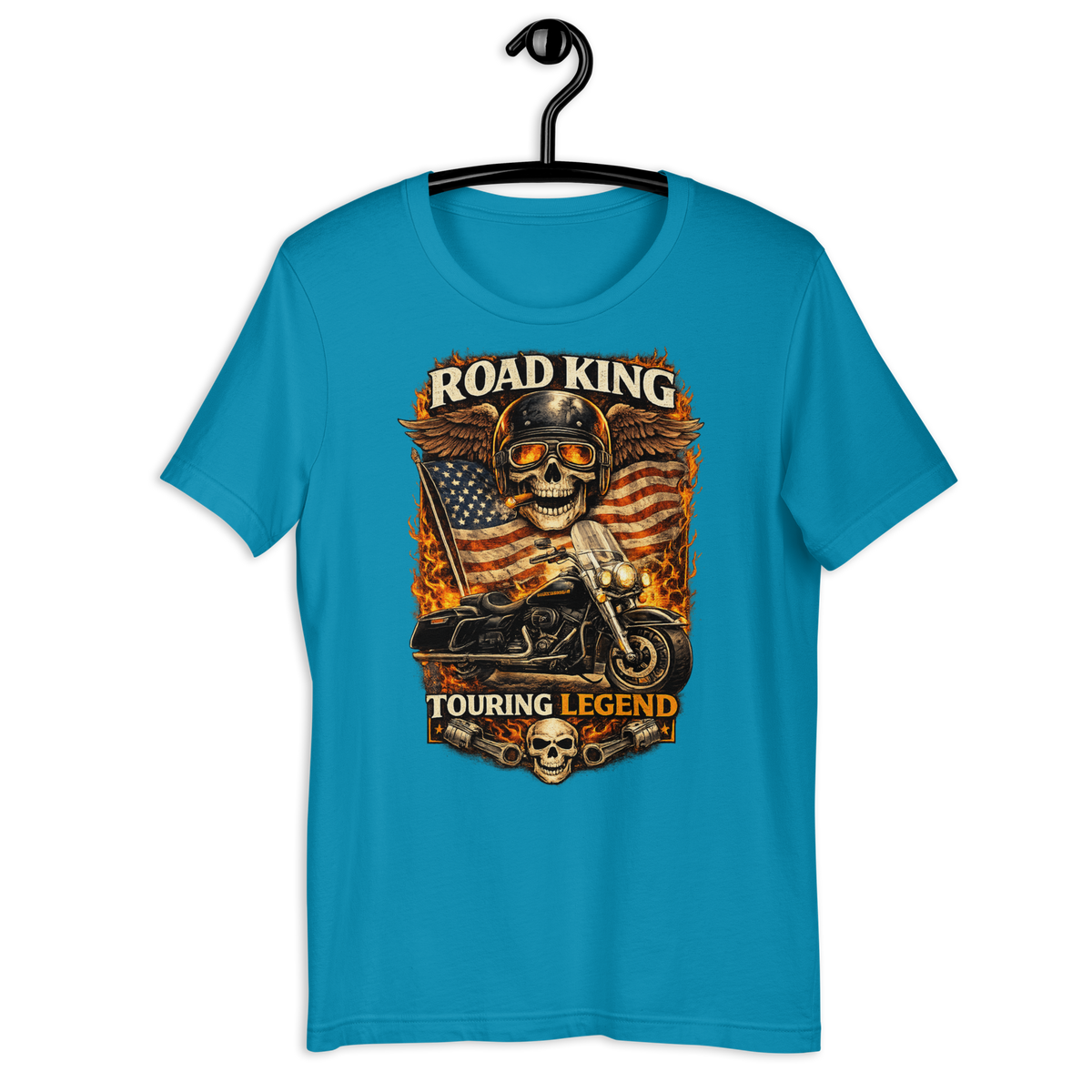Road King Touring Legend American Flag Motorcycle Graphic Tee aqua t-shirt mockup