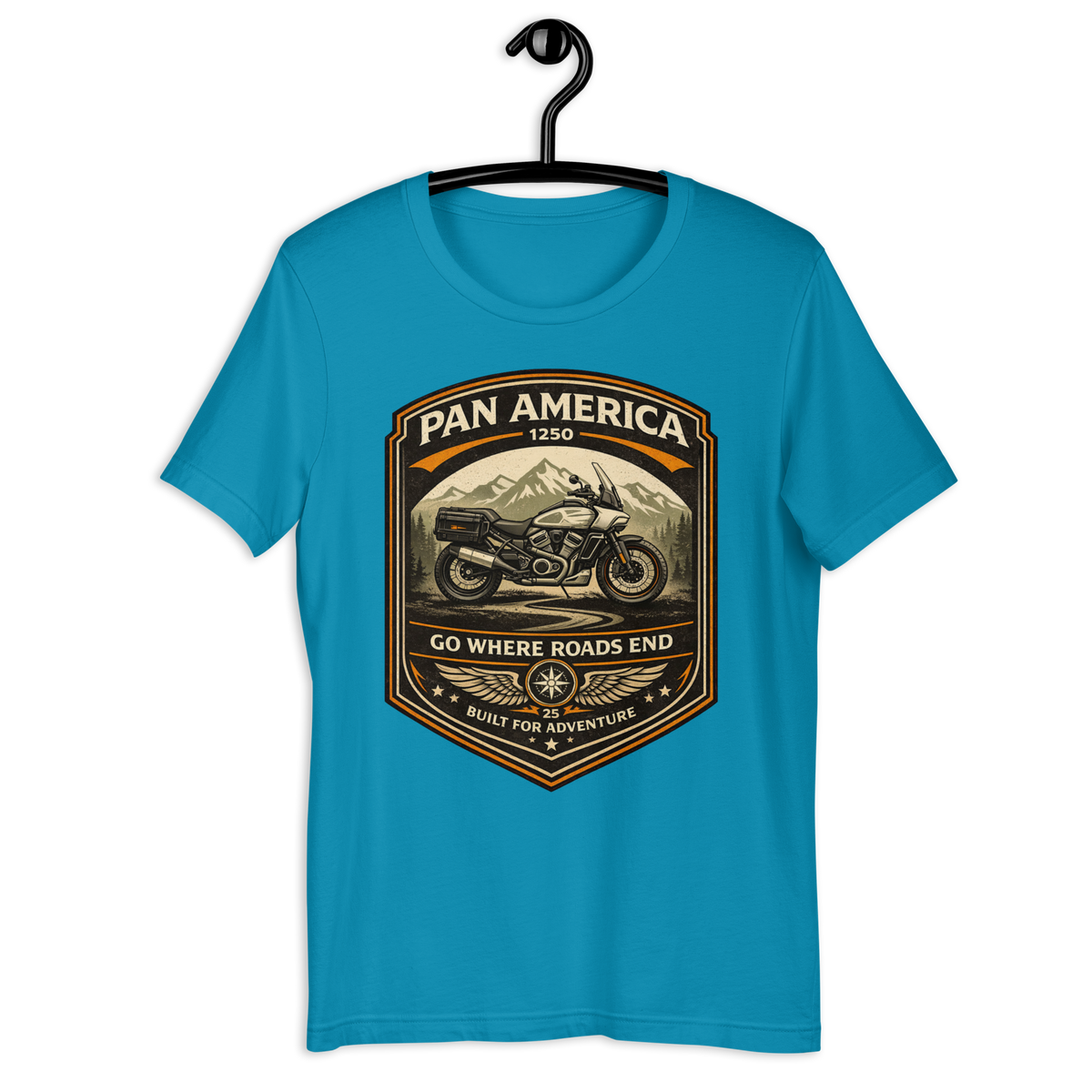 Pan America Go Where Roads End Adventure Motorcycle Graphic Tee aqua t-shirt mockup