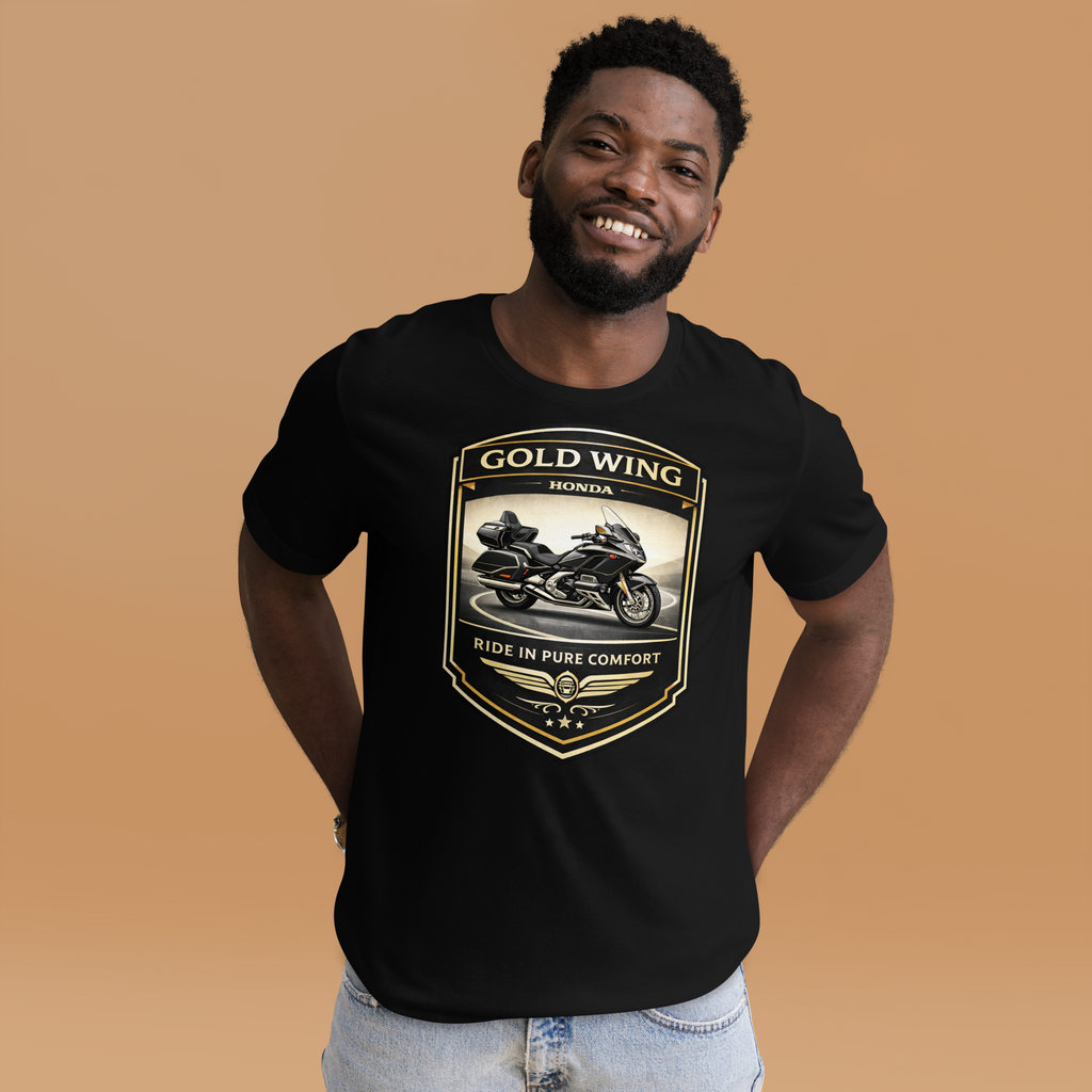 Gold Wing Ride In Pure Comfort Touring Motorcycle Graphic Tee front design detail