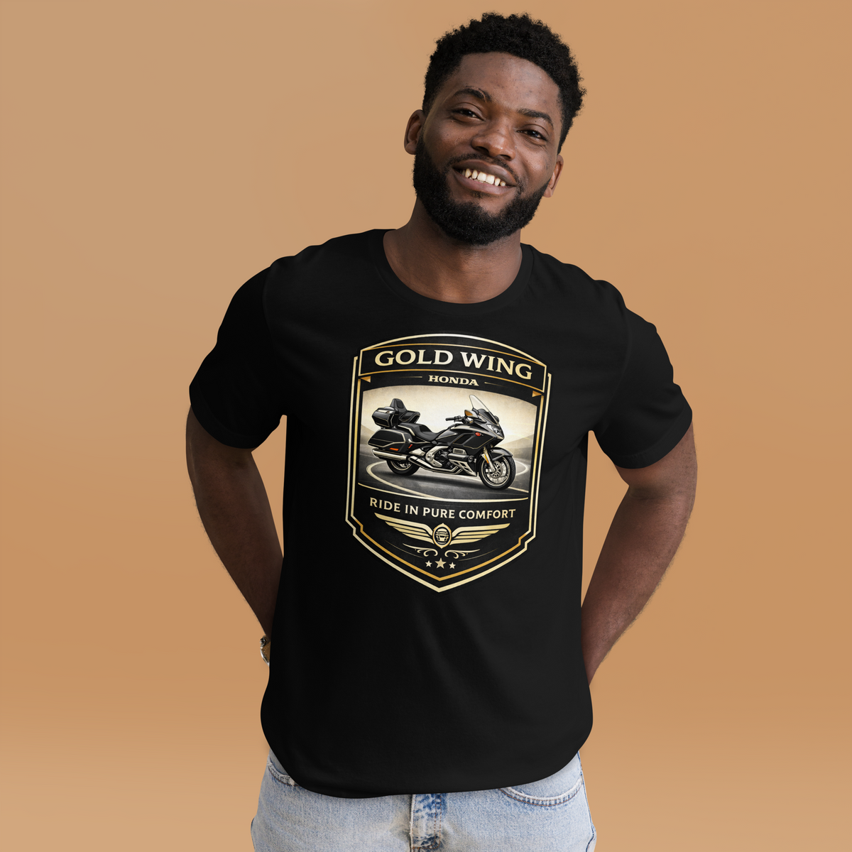 Gold Wing Ride In Pure Comfort Touring Motorcycle Graphic Tee front design detail