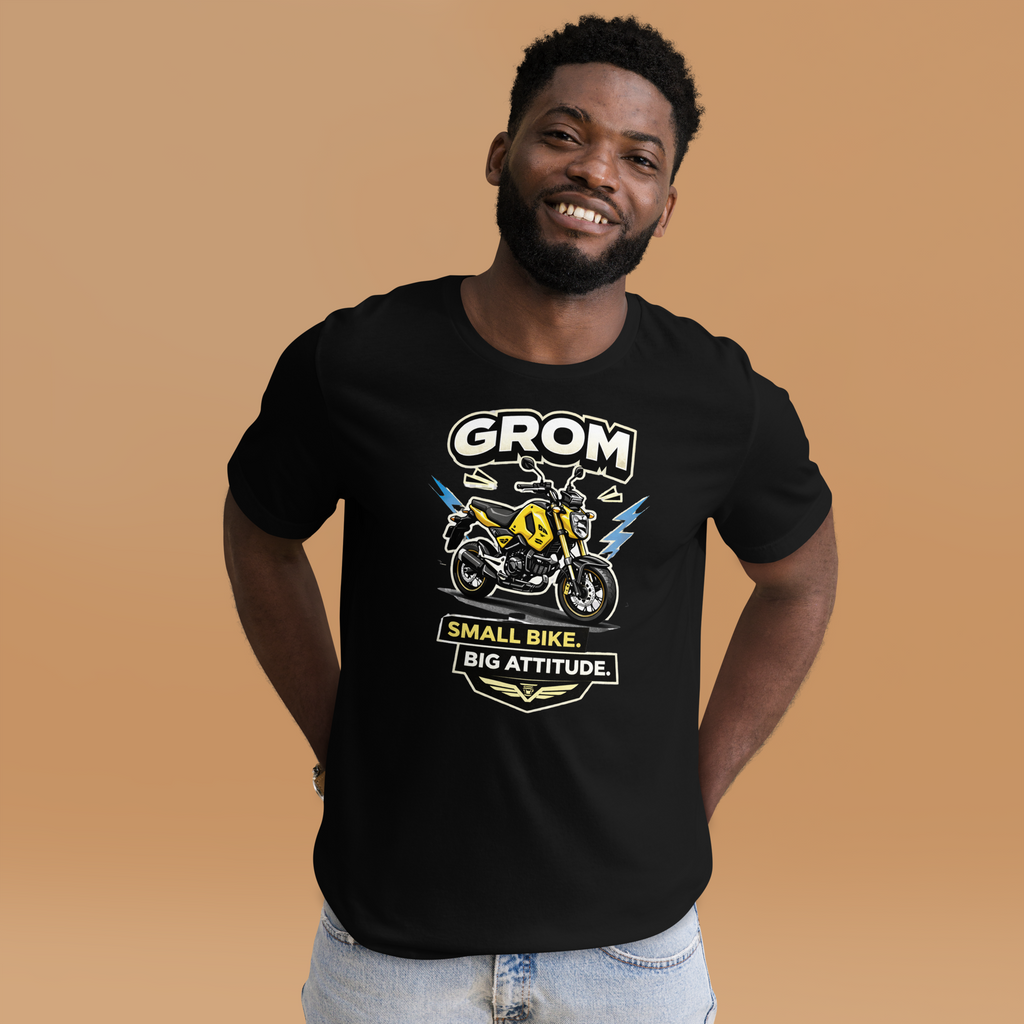 Grom Small Bike Big Attitude Funny Motorcycle Graphic Tee black t-shirt front mockup