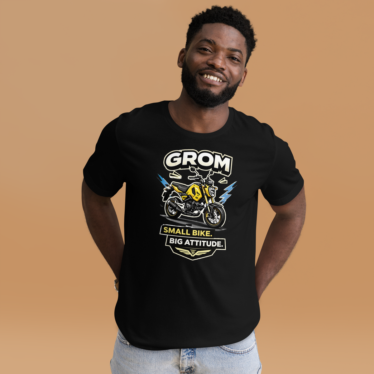 Grom Small Bike Big Attitude Funny Motorcycle Graphic Tee black t-shirt front mockup