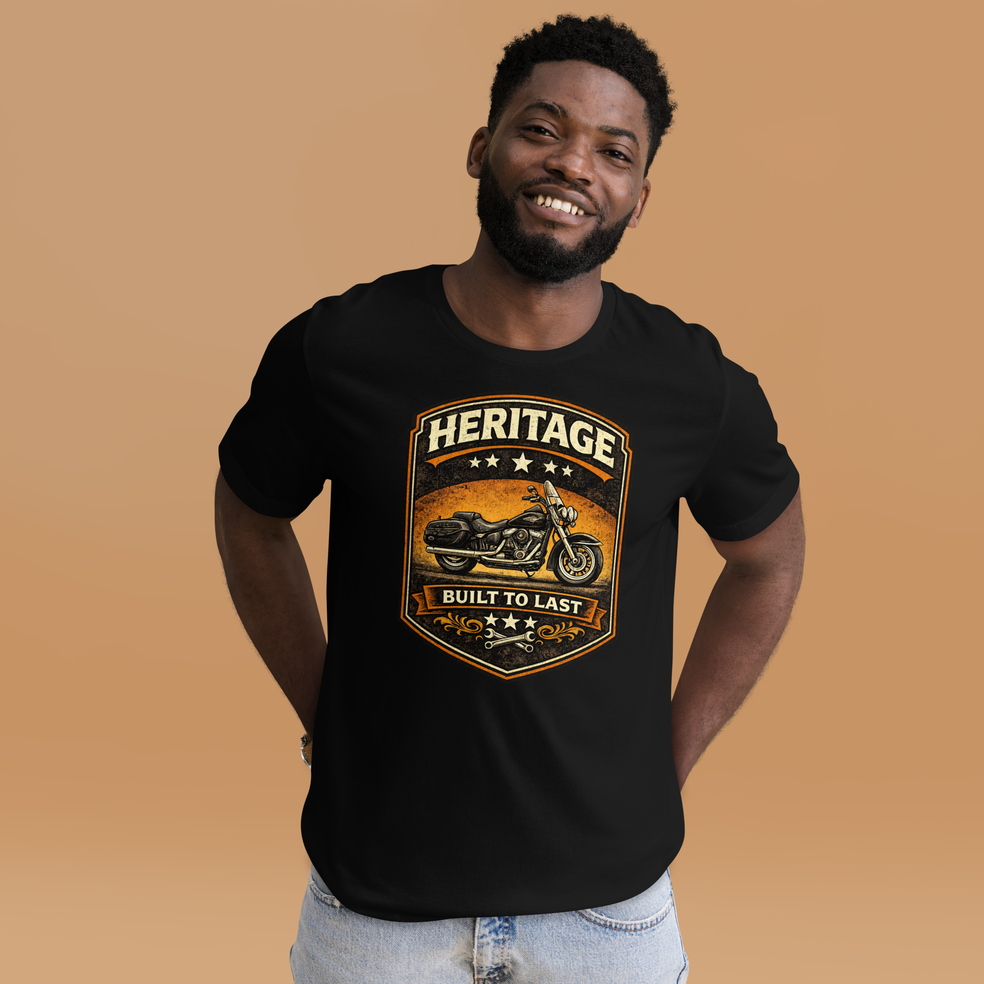 Heritage Built To Last Vintage Motorcycle Graphic Tee black t-shirt front mockup