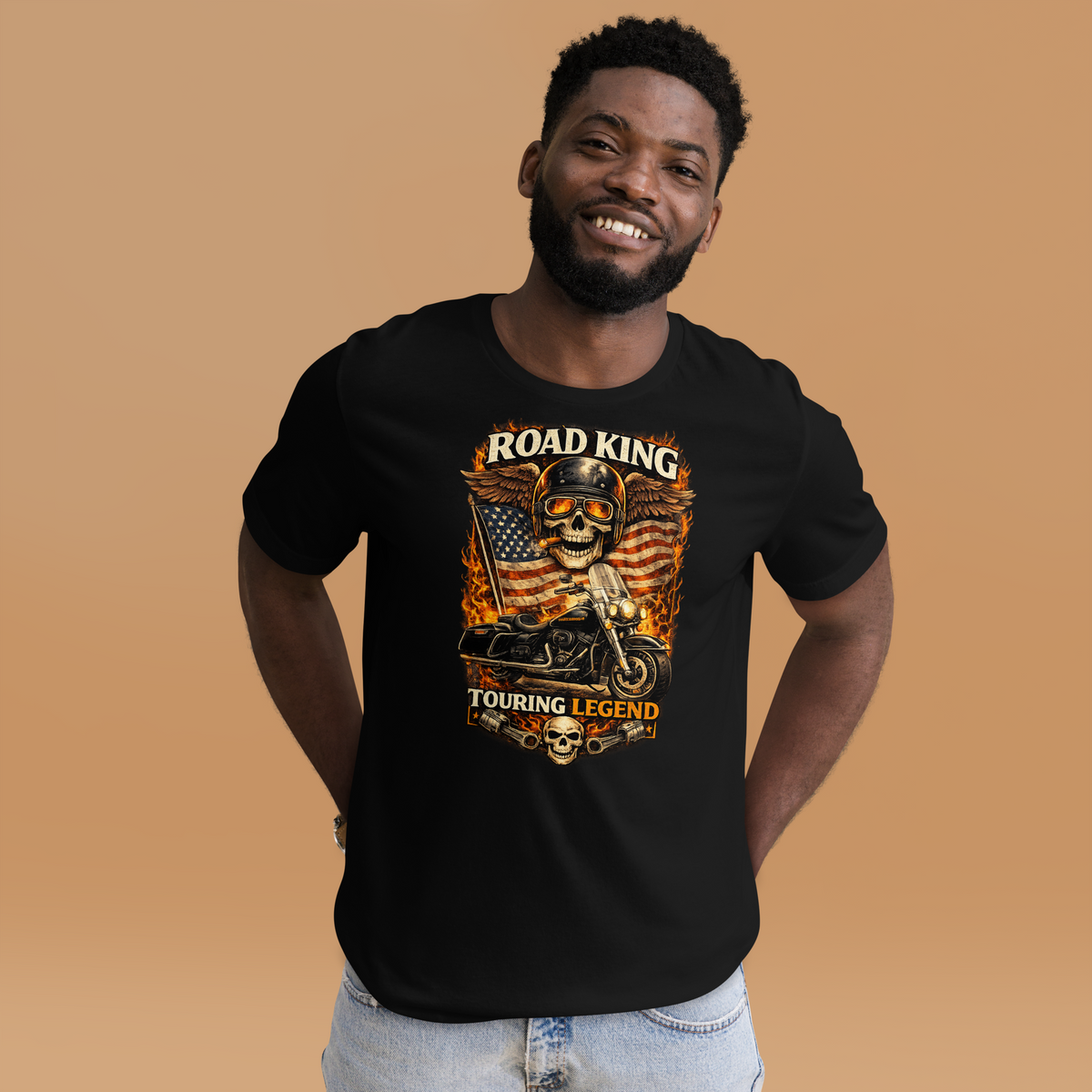 Road King Touring Legend American Flag Motorcycle Graphic Tee black t-shirt front mockup