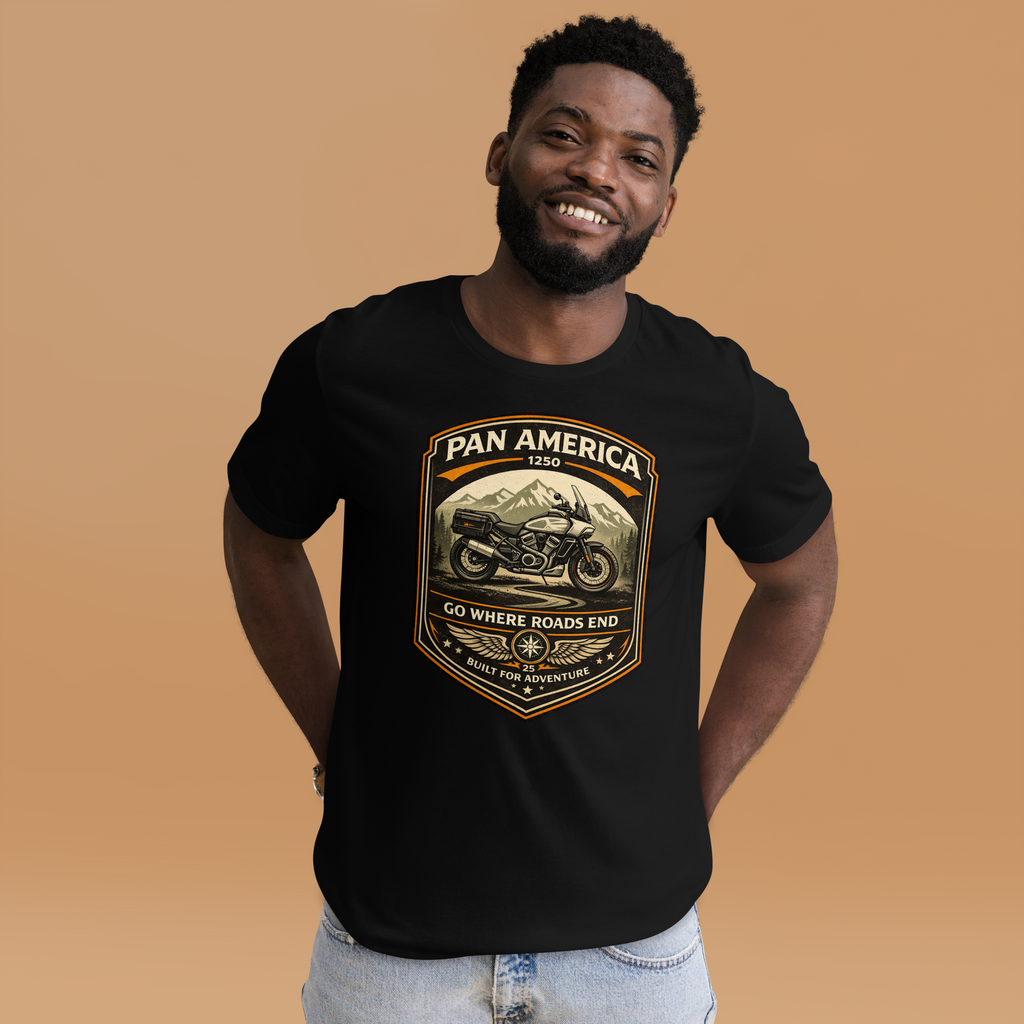 Pan America Go Where Roads End Adventure Motorcycle Graphic Tee black t-shirt front mockup