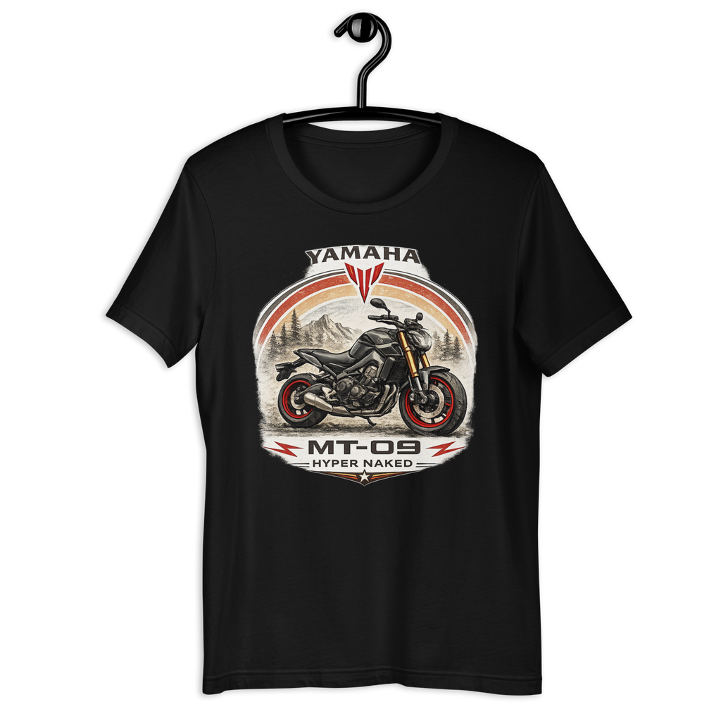 Yamaha MT-09 Hyper Naked Retro Motorcycle Graphic Tee black unisex tee mockup