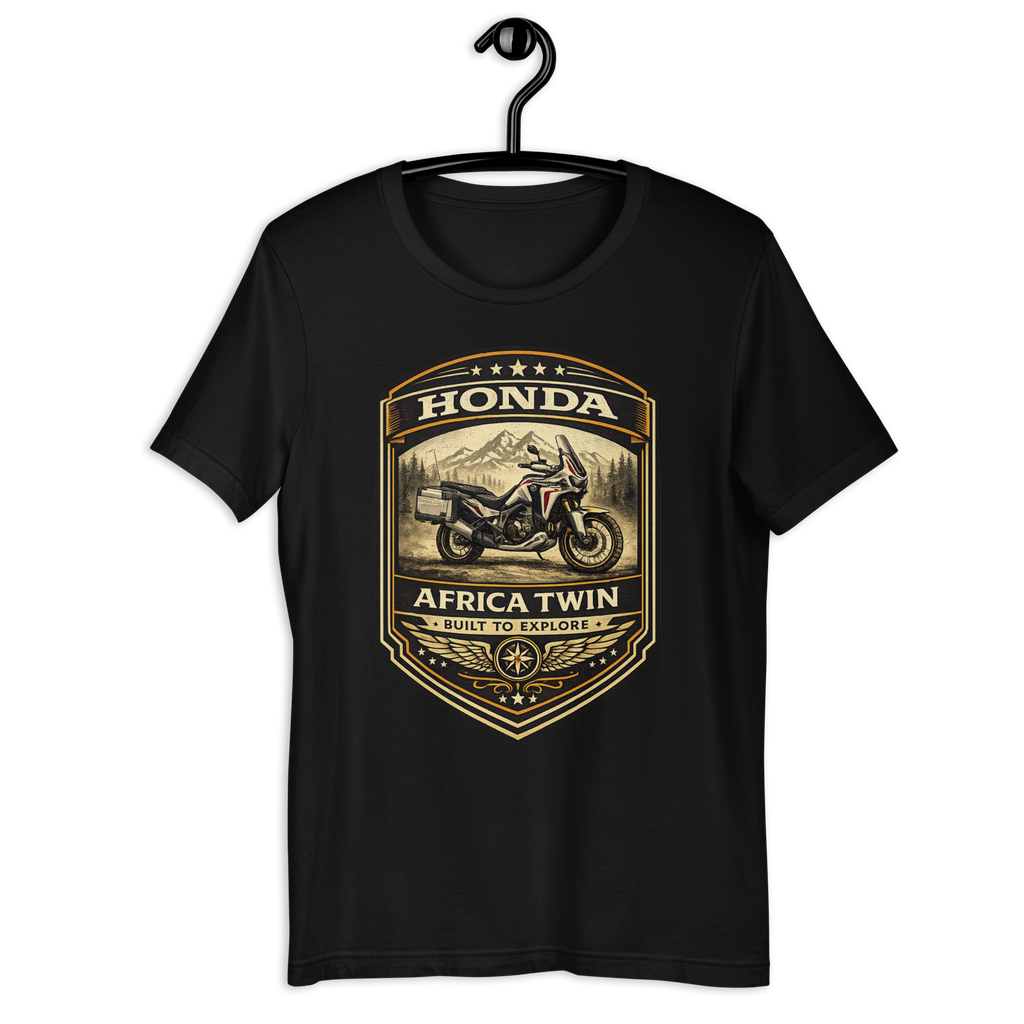 Honda Africa Twin Built For Discovery Vintage Motorcycle Graphic Tee black unisex tee mockup