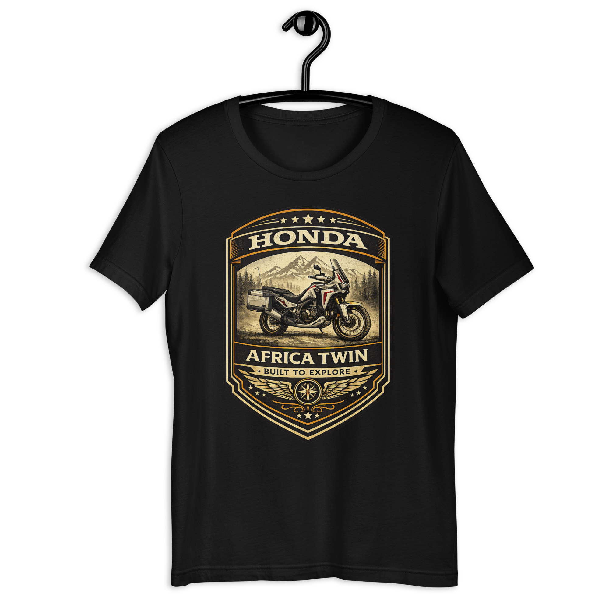 Honda Africa Twin Built For Discovery Vintage Motorcycle Graphic Tee black unisex tee mockup