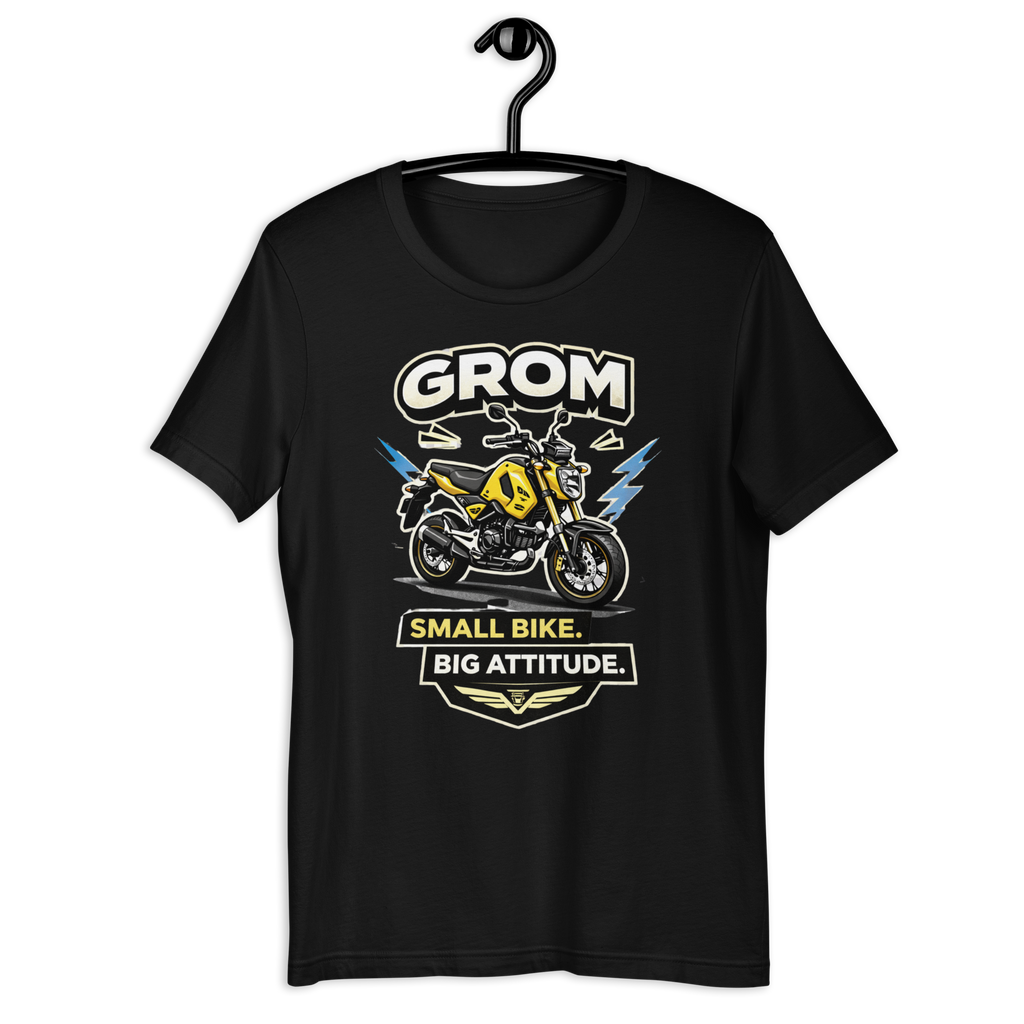 Grom Small Bike Big Attitude Funny Motorcycle Graphic Tee black unisex tee mockup