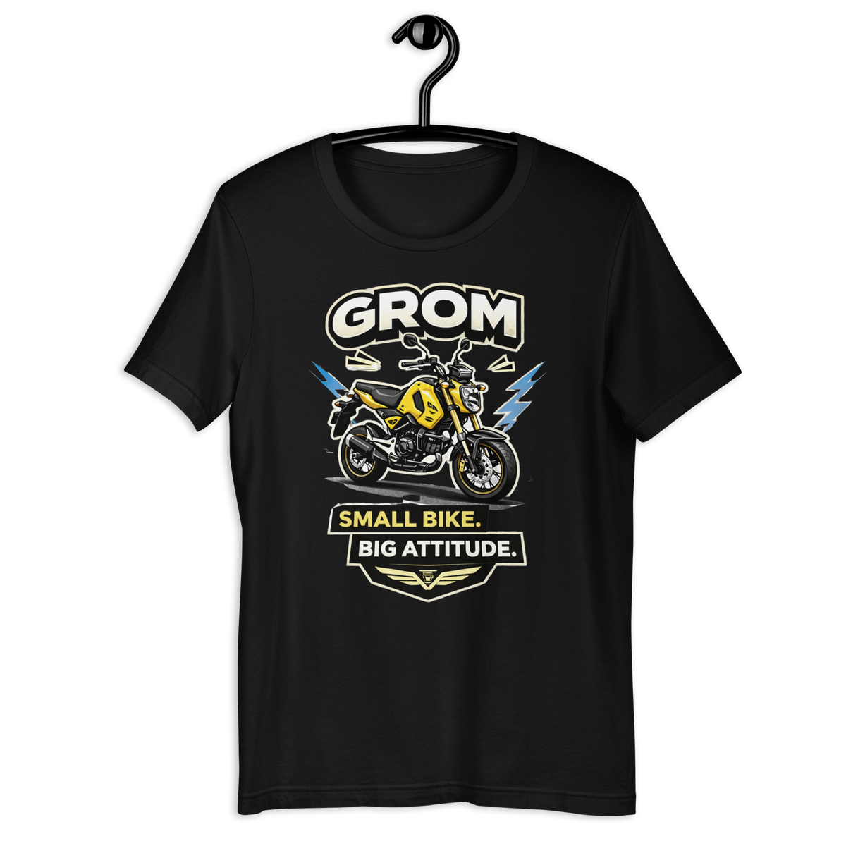 Grom Small Bike Big Attitude Funny Motorcycle Graphic Tee black unisex tee mockup