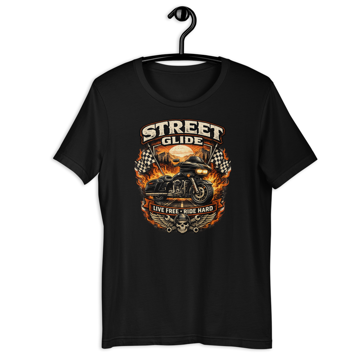 Street Glide Live Free Ride Hard Motorcycle Graphic Tee black unisex tee mockup