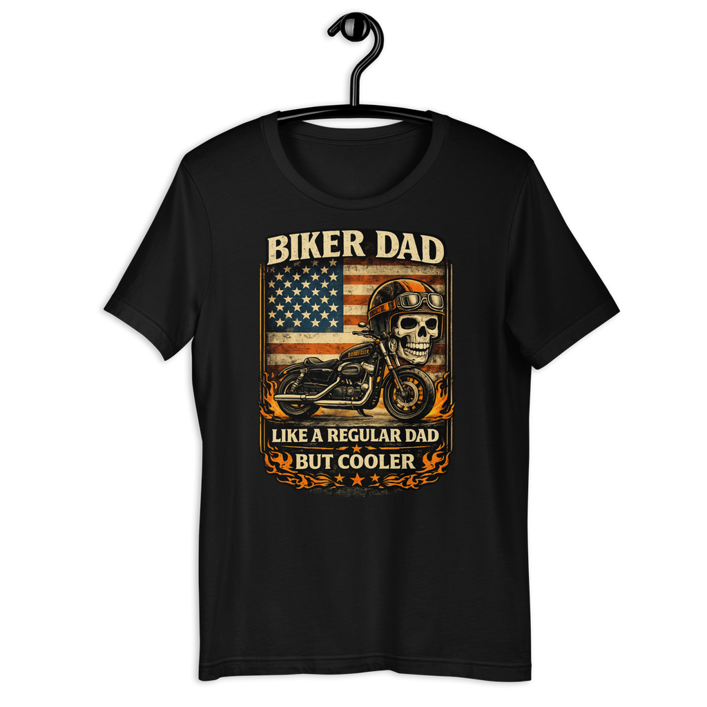 Biker Dad Like A Regular Dad But Cooler Funny Motorcycle Graphic Tee black unisex tee mockup