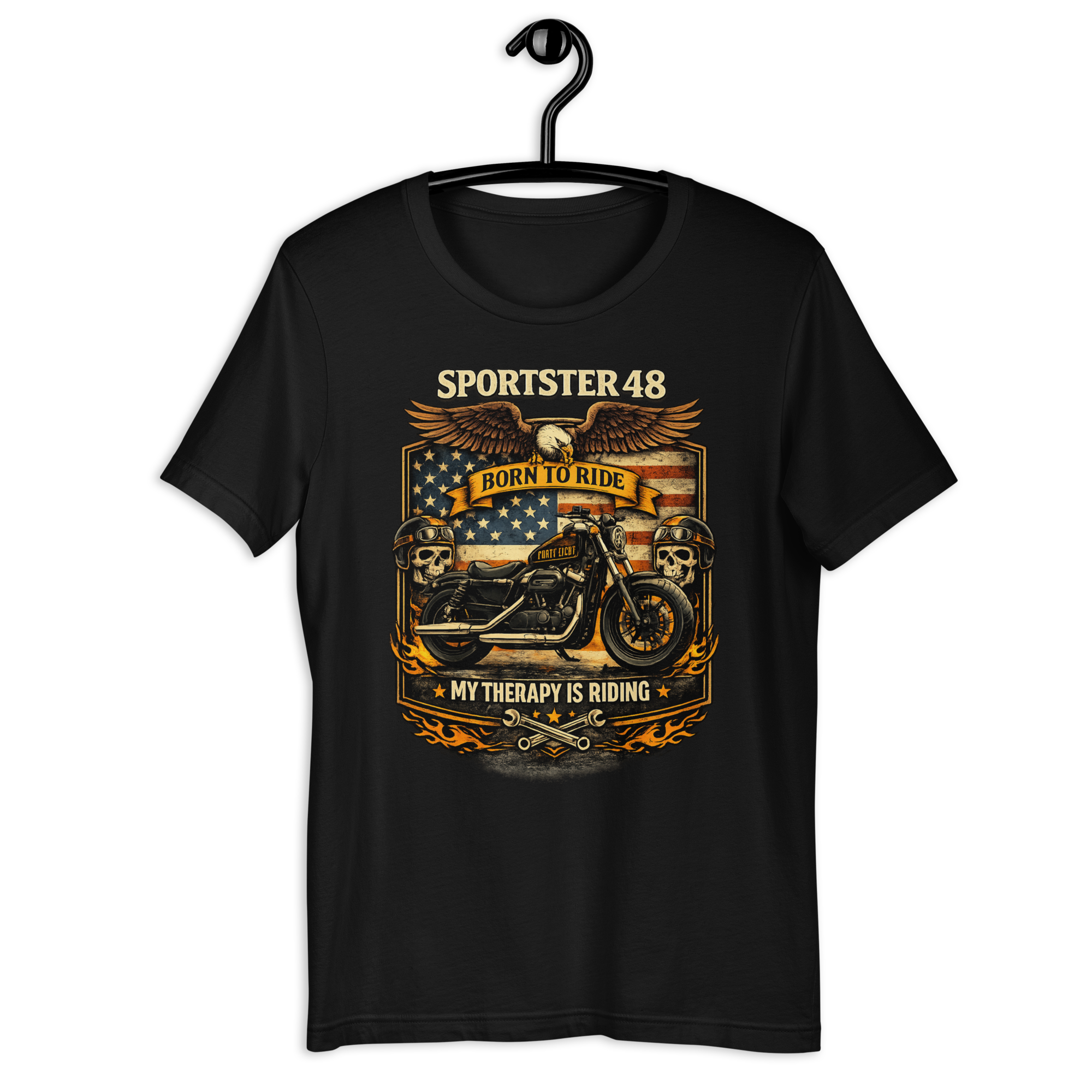 Sportster 48 Born To Ride My Therapy Is Riding Motorcycle Graphic Tee black unisex tee mockup