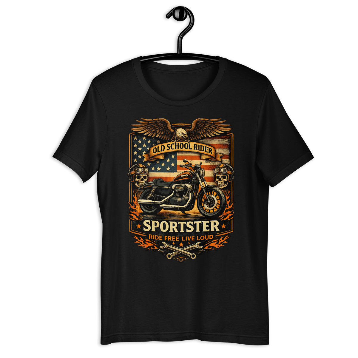 Old School Rider American Flag Motorcycle Graphic Tee black unisex tee mockup