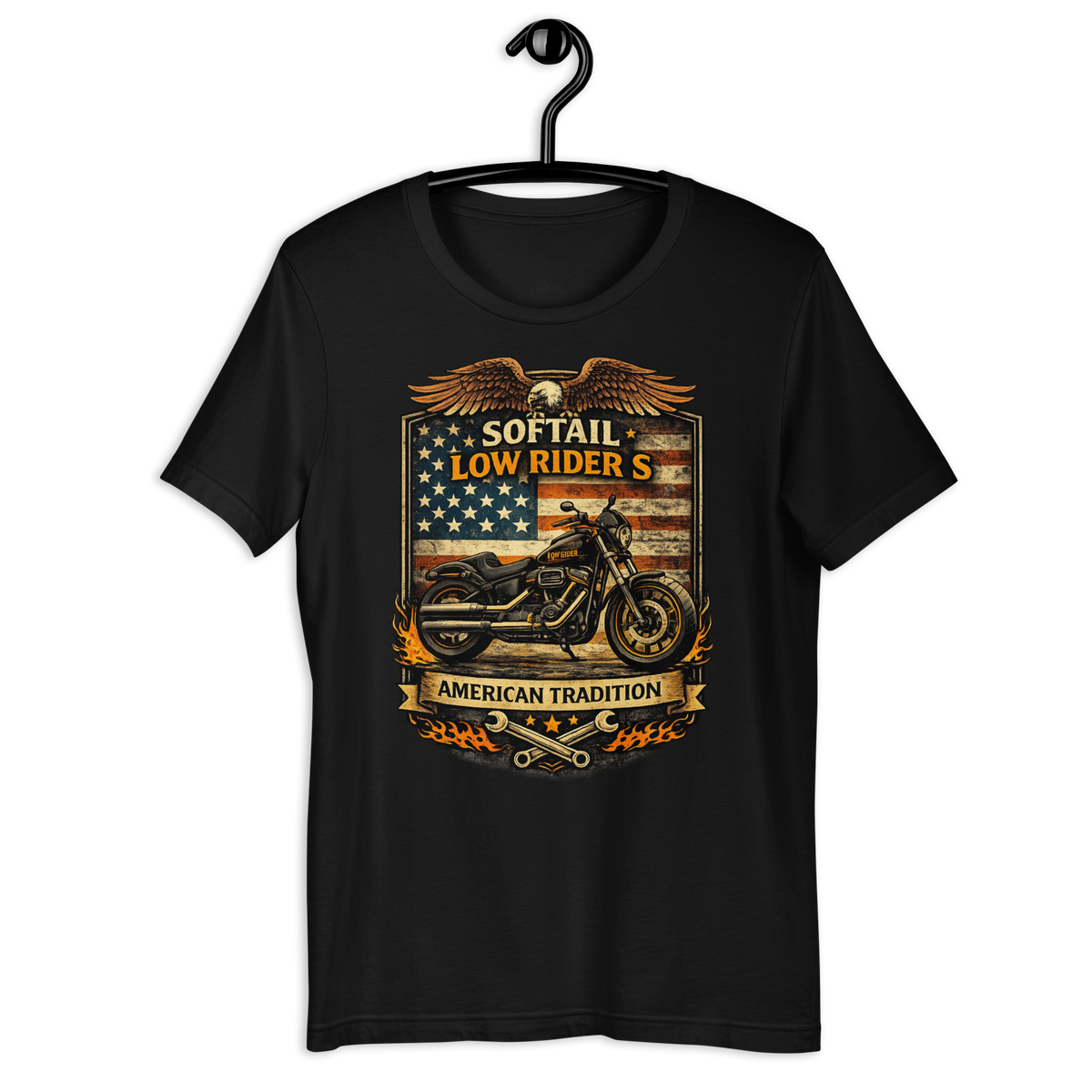 Softail Low Rider S American Tradition Patriotic Motorcycle Graphic Tee black t-shirt front mockup
