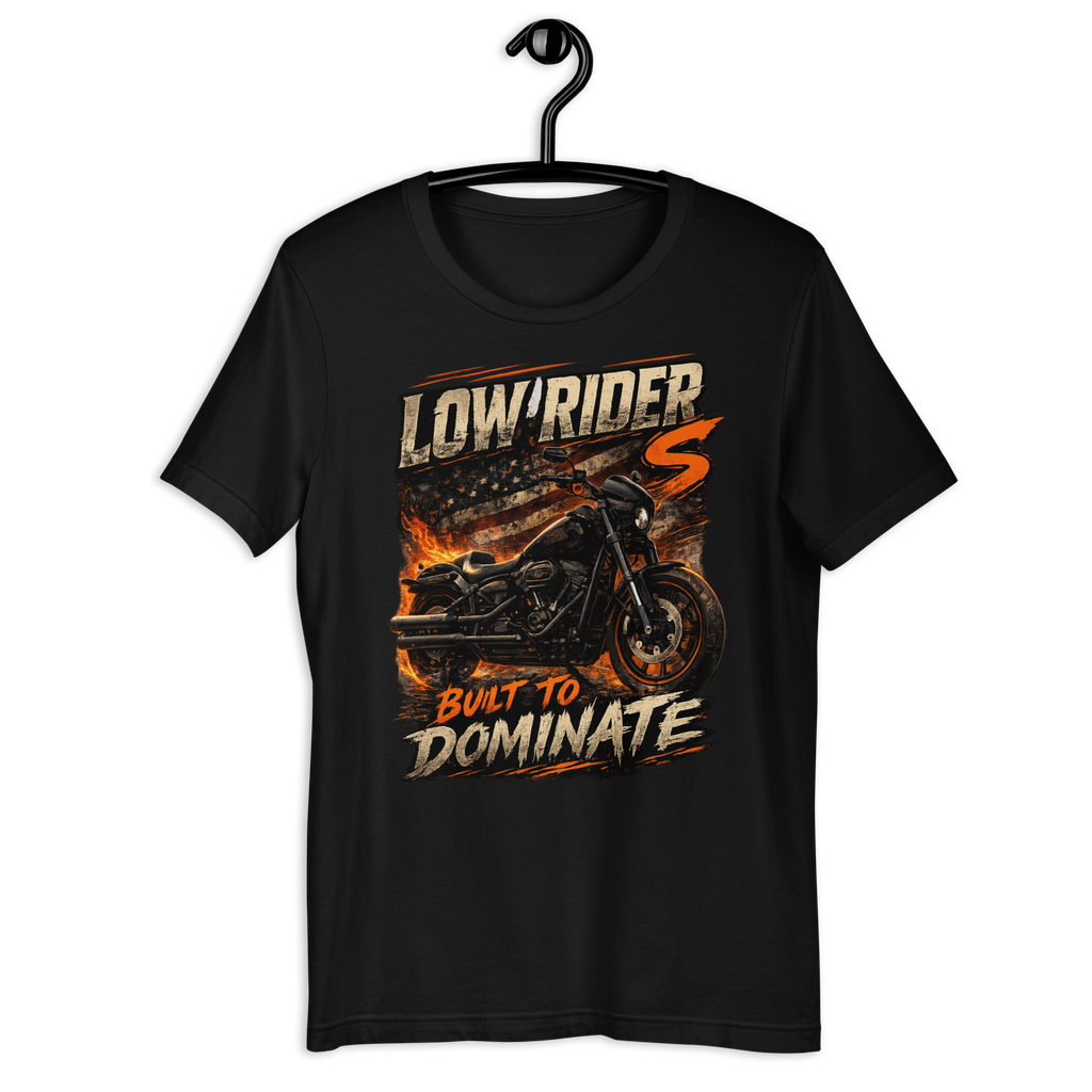 Low Rider S Built To Dominate American Flag Motorcycle Graphic Tee main graphic tee image