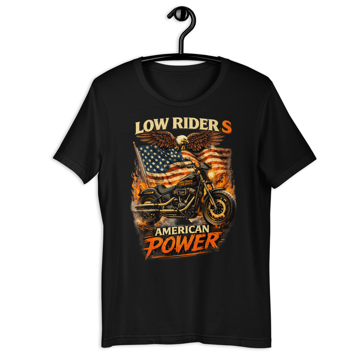Low Rider S American Power Patriotic Motorcycle Graphic Tee black unisex tee mockup