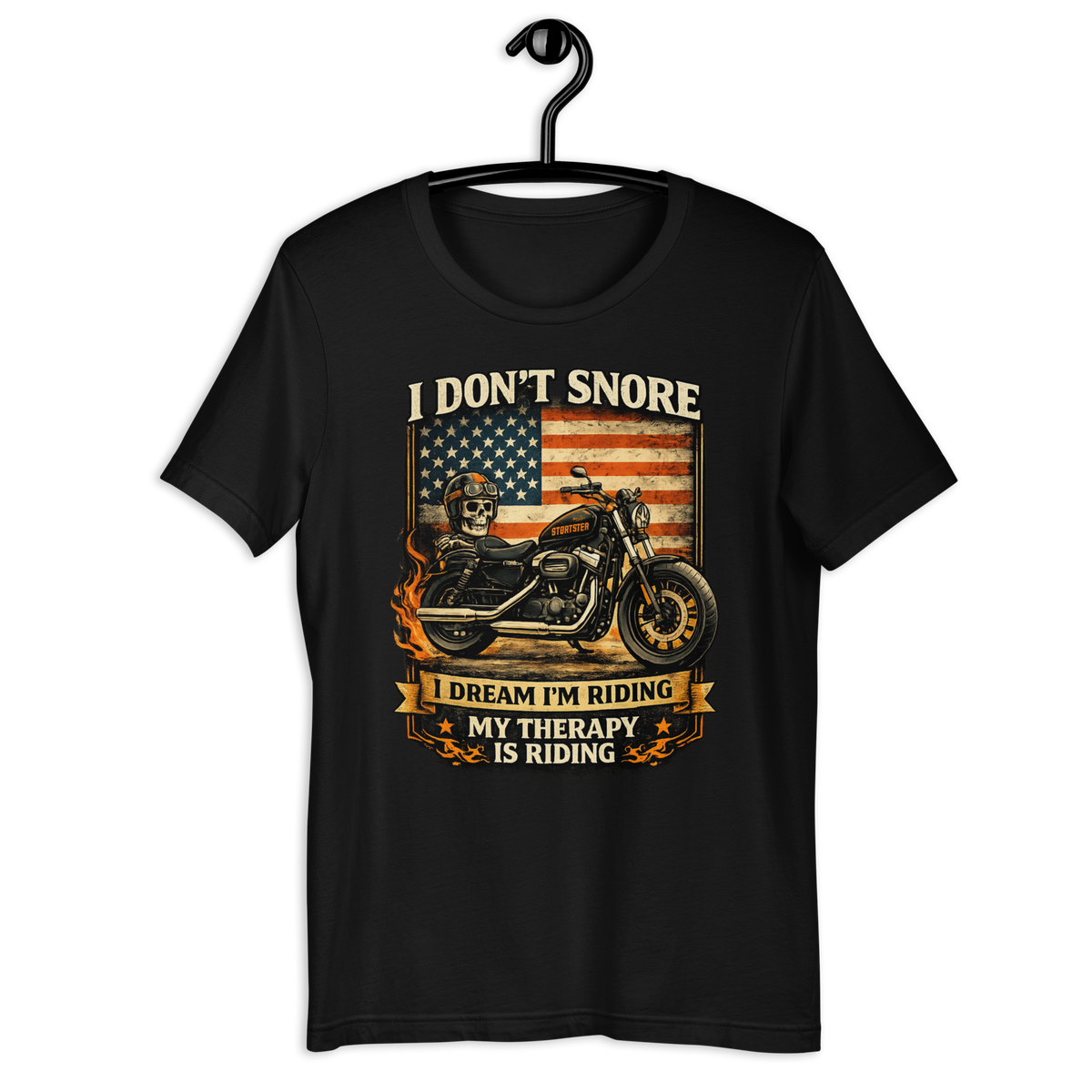 I Don't Snore I Dream I'm Riding Funny Motorcycle Graphic Tee black unisex tee mockup