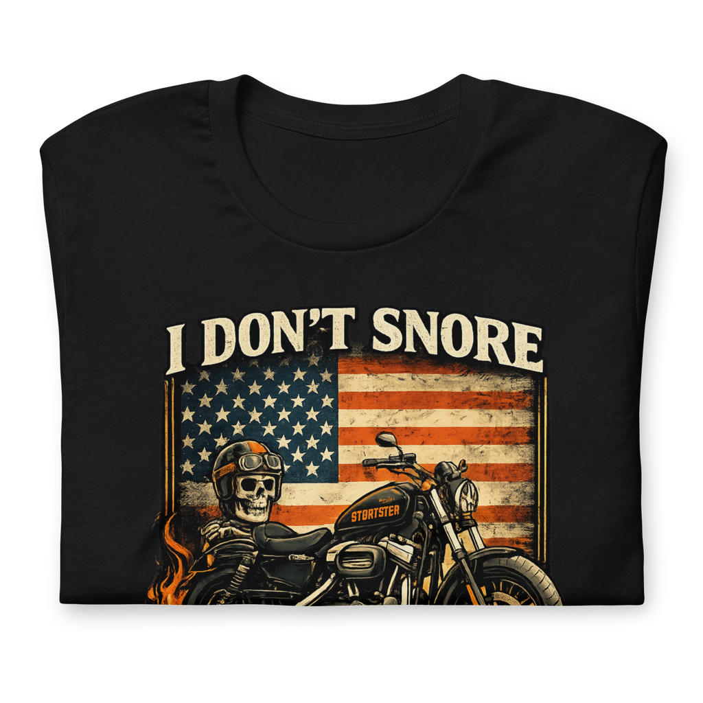 I Don't Snore I Dream I'm Riding Funny Motorcycle Graphic Tee black shirt product image