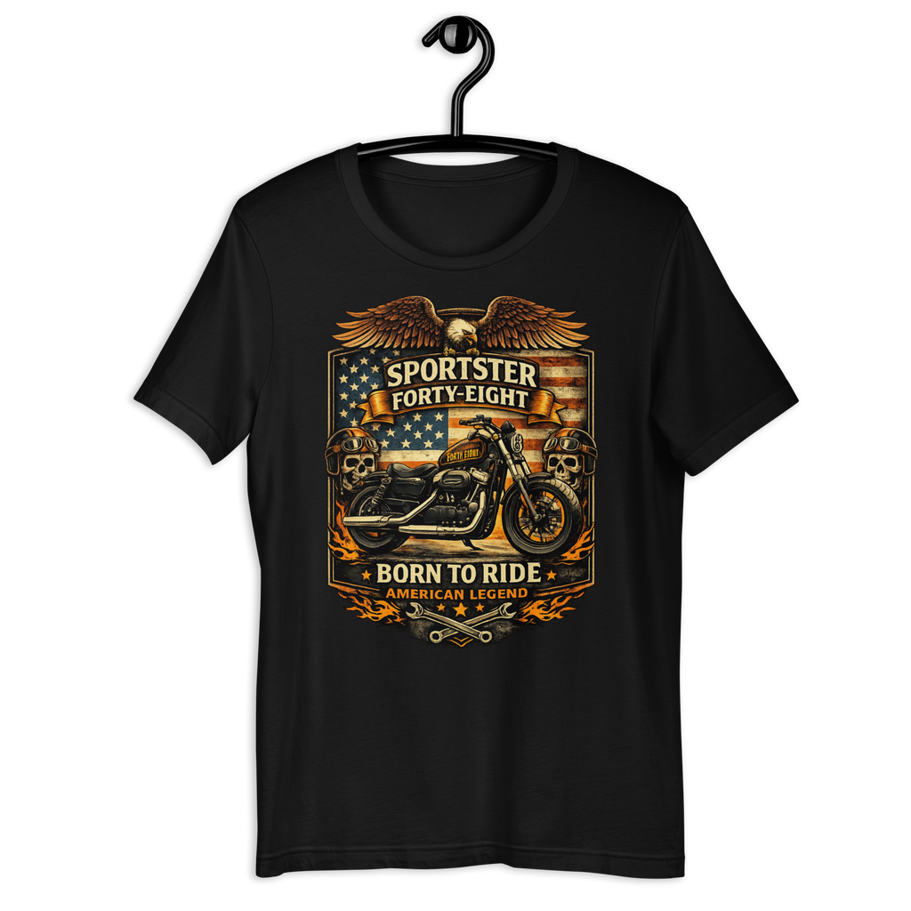 Sportster Forty-Eight Born To Ride American Legend Motorcycle Graphic Tee black t-shirt front mockup