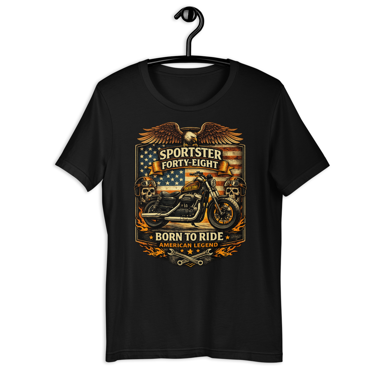 Sportster Forty-Eight Born To Ride American Legend Motorcycle Graphic Tee black t-shirt front mockup