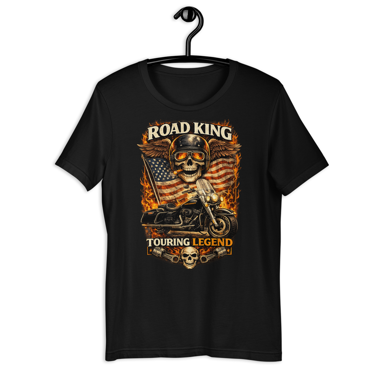 Road King Touring Legend American Flag Motorcycle Graphic Tee black unisex tee mockup