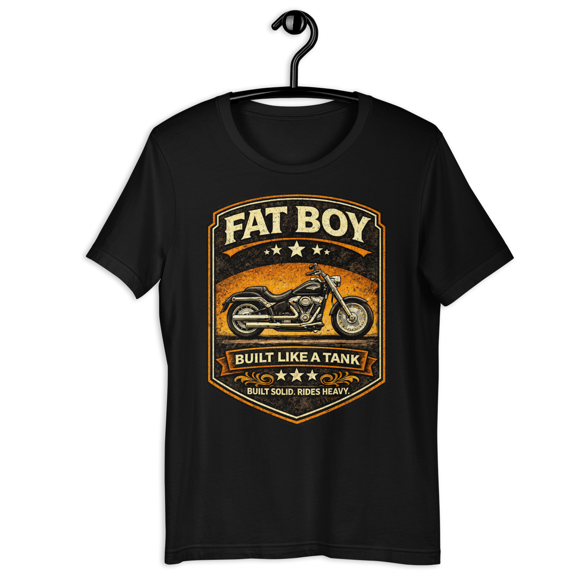 Fat Boy Built Like A Tank Motorcycle Graphic Tee main graphic tee image