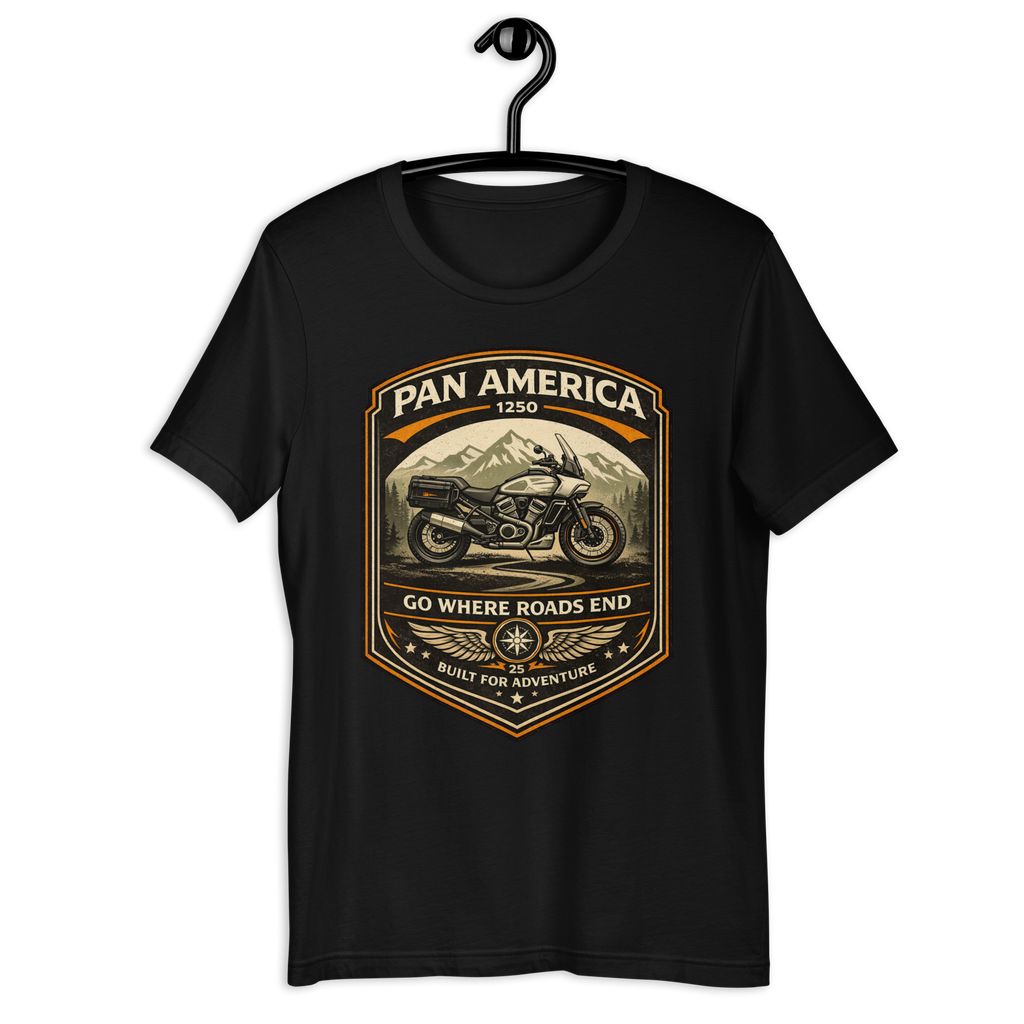 Pan America Go Where Roads End Adventure Motorcycle Graphic Tee black unisex tee mockup