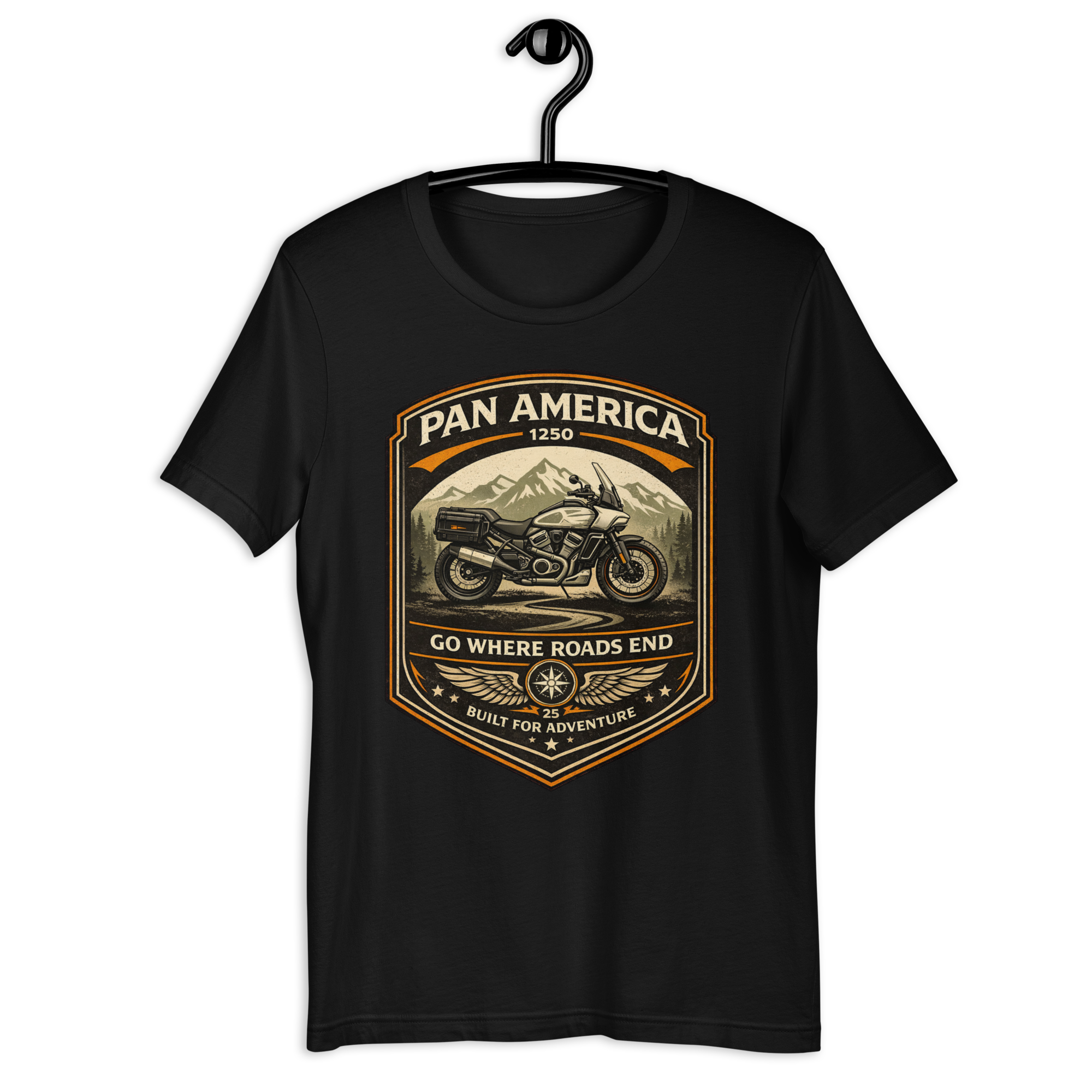 Pan America Go Where Roads End Adventure Motorcycle Graphic Tee black unisex tee mockup