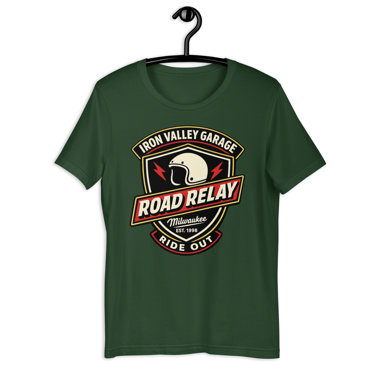 Iron Valley Garage Road Relay Vintage Motorcycle Graphic Tee forest green t-shirt mockup