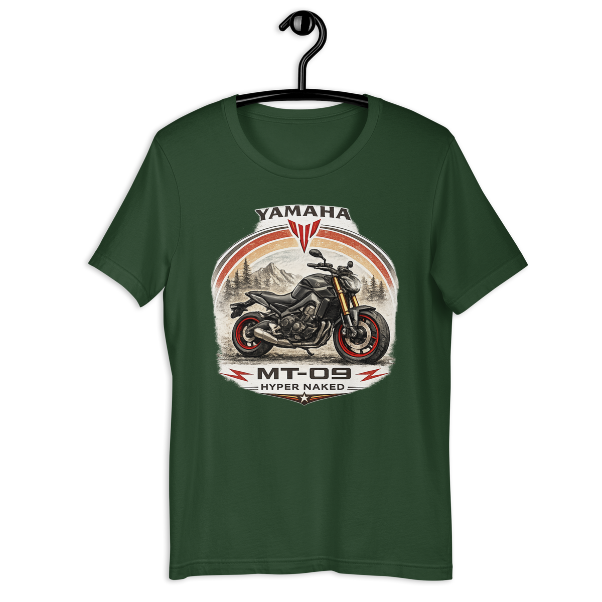 Yamaha MT-09 Hyper Naked Retro Motorcycle Graphic Tee forest green t-shirt mockup