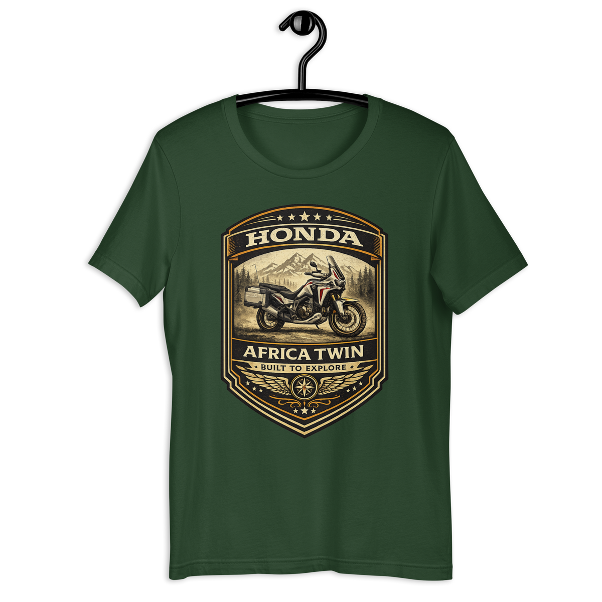 Honda Africa Twin Built For Discovery Vintage Motorcycle Graphic Tee forest green t-shirt mockup