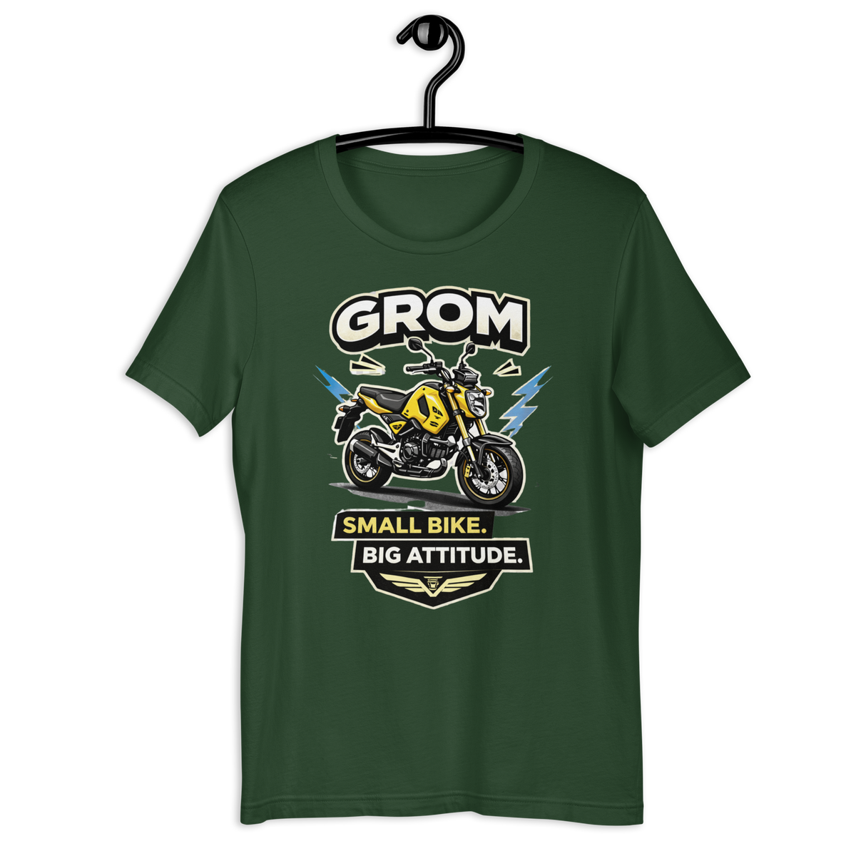 Grom Small Bike Big Attitude Funny Motorcycle Graphic Tee forest green t-shirt mockup