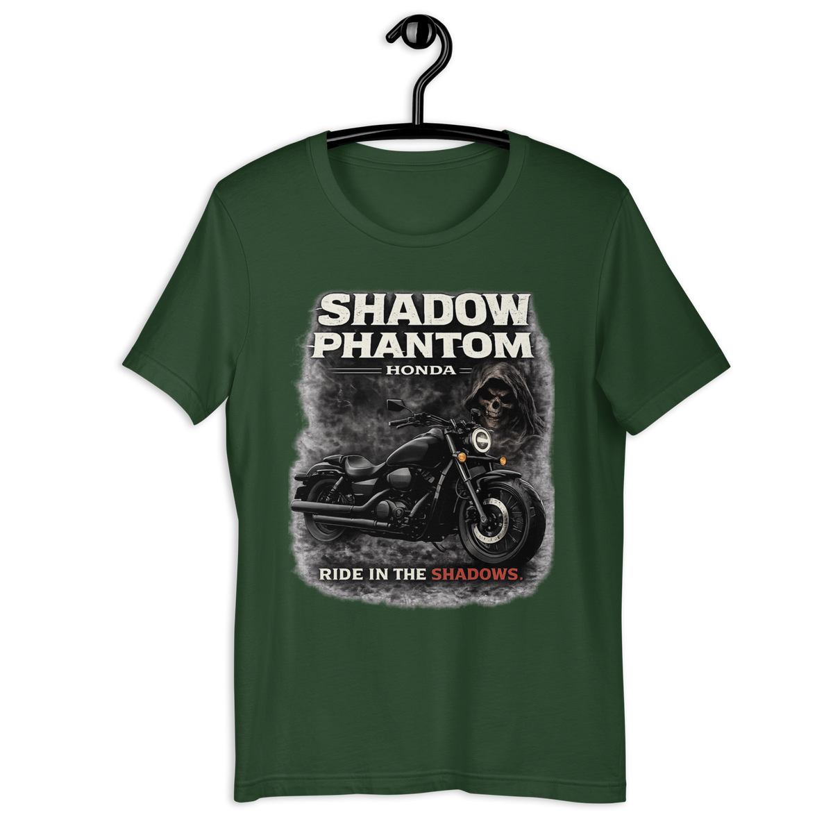 Shadow Phantom Ride In The Shadows Honda Motorcycle Graphic Tee forest green t-shirt mockup
