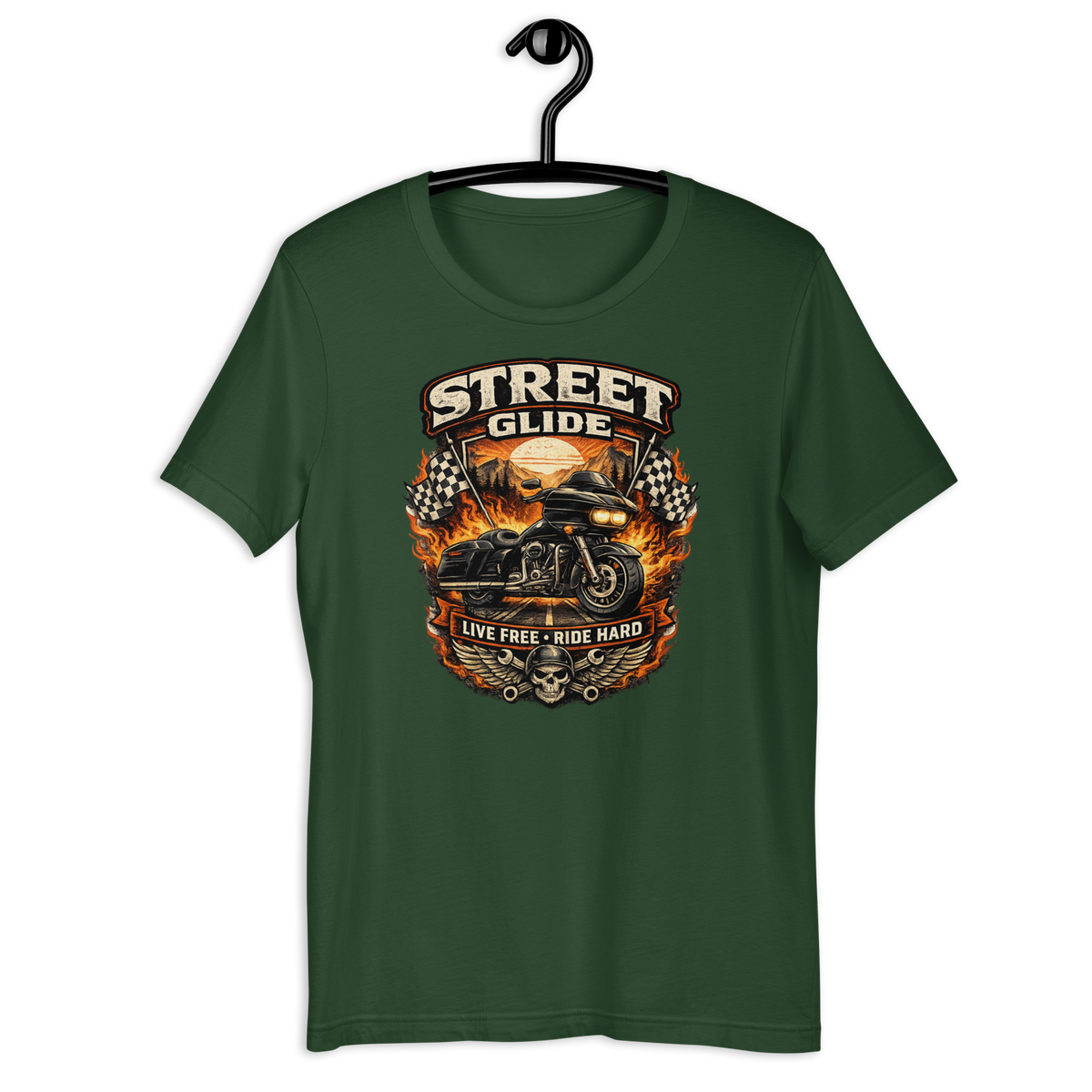 Street Glide Live Free Ride Hard Motorcycle Graphic Tee forest green t-shirt mockup