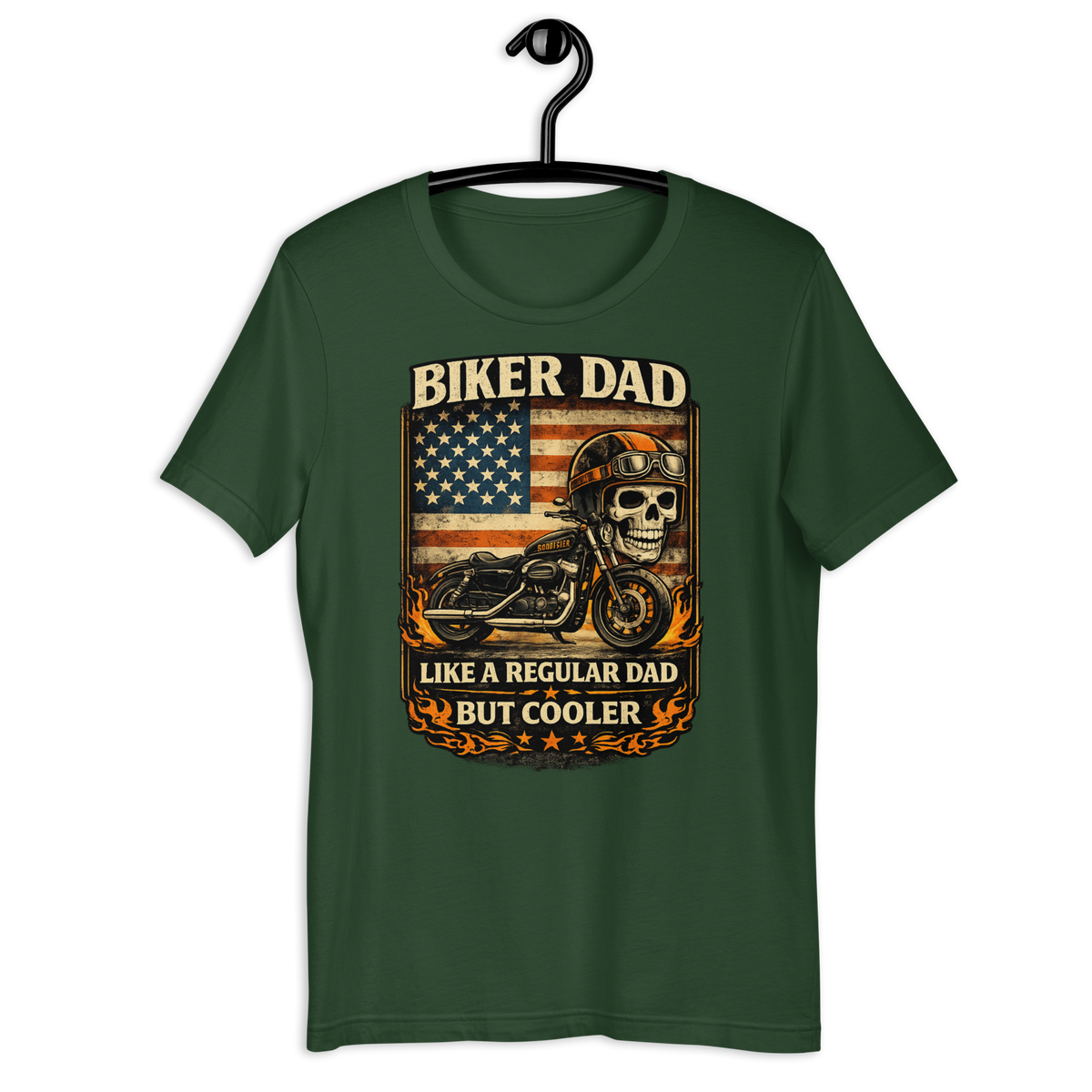 Biker Dad Like A Regular Dad But Cooler Funny Motorcycle Graphic Tee forest green t-shirt mockup
