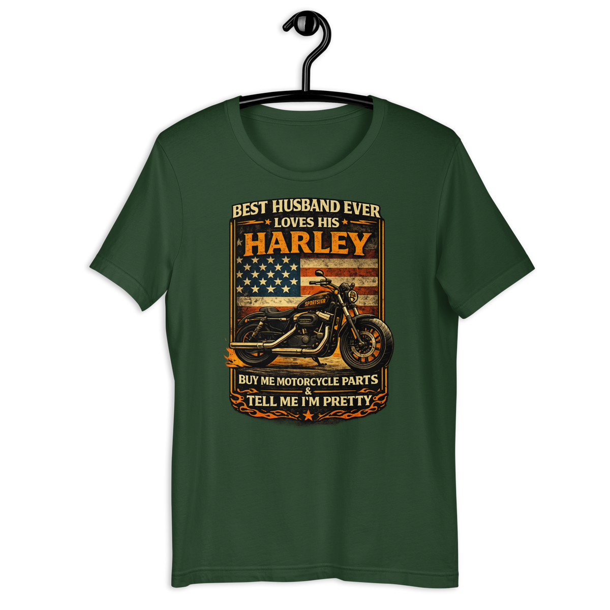 Best Husband Ever Loves His Motorcycle Funny Motorcycle Graphic Tee forest green t-shirt mockup