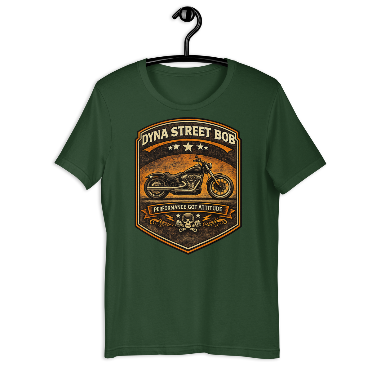 Dyna Street Bob Performance Got Attitude Vintage Motorcycle Graphic Tee forest green t-shirt mockup