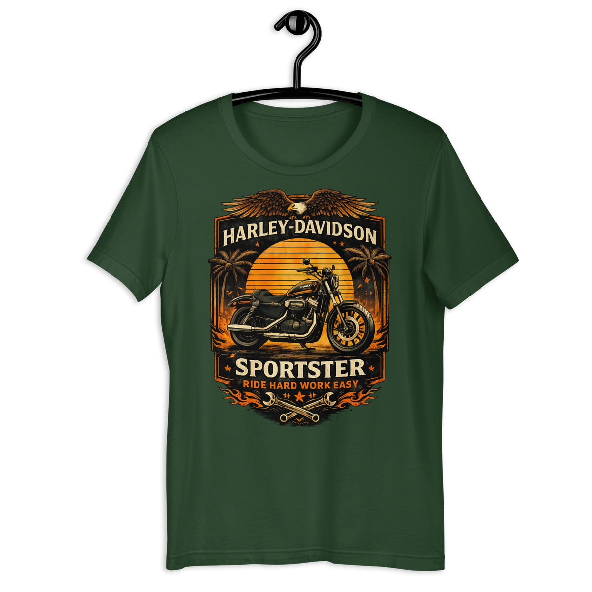 Sportster Ride Hard Work Easy Vintage Motorcycle Graphic Tee forest green t-shirt mockup