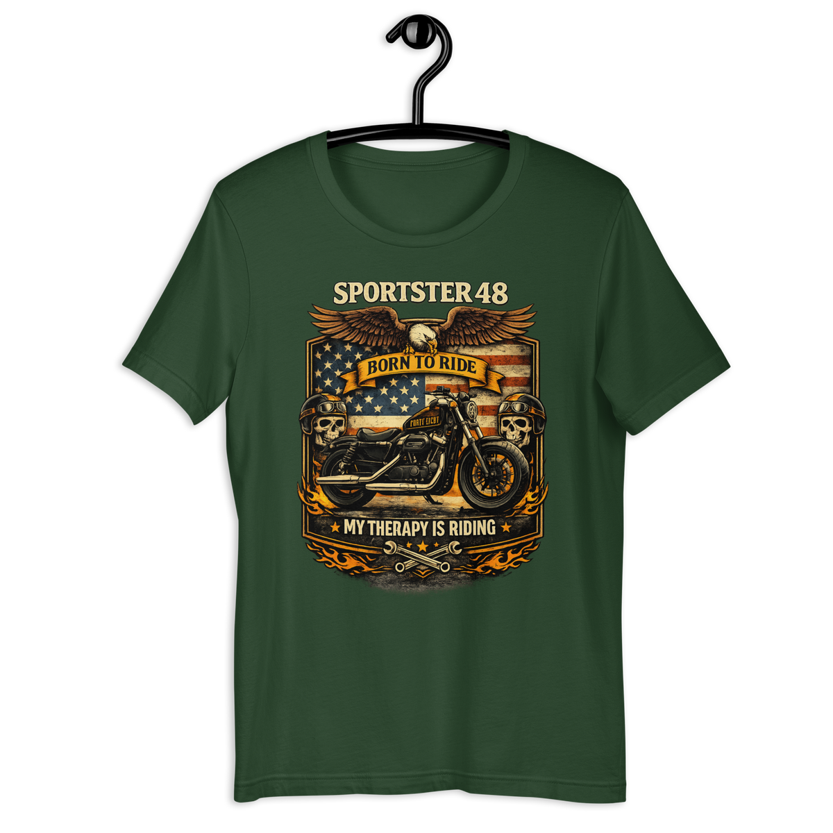 Sportster 48 Born To Ride My Therapy Is Riding Motorcycle Graphic Tee forest green t-shirt mockup