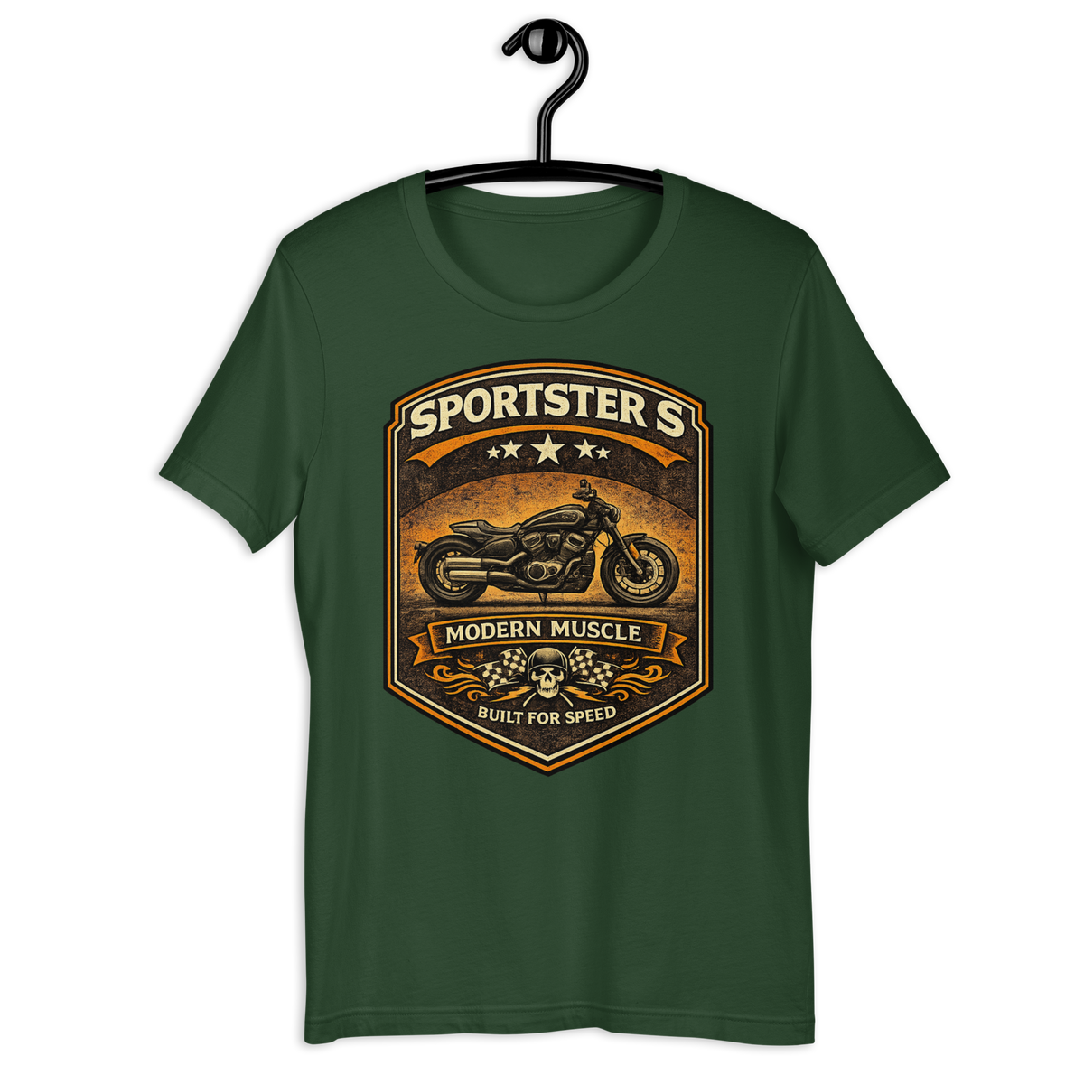 Sportster S Modern Muscle Built For Speed Vintage Motorcycle Graphic Tee forest green t-shirt mockup