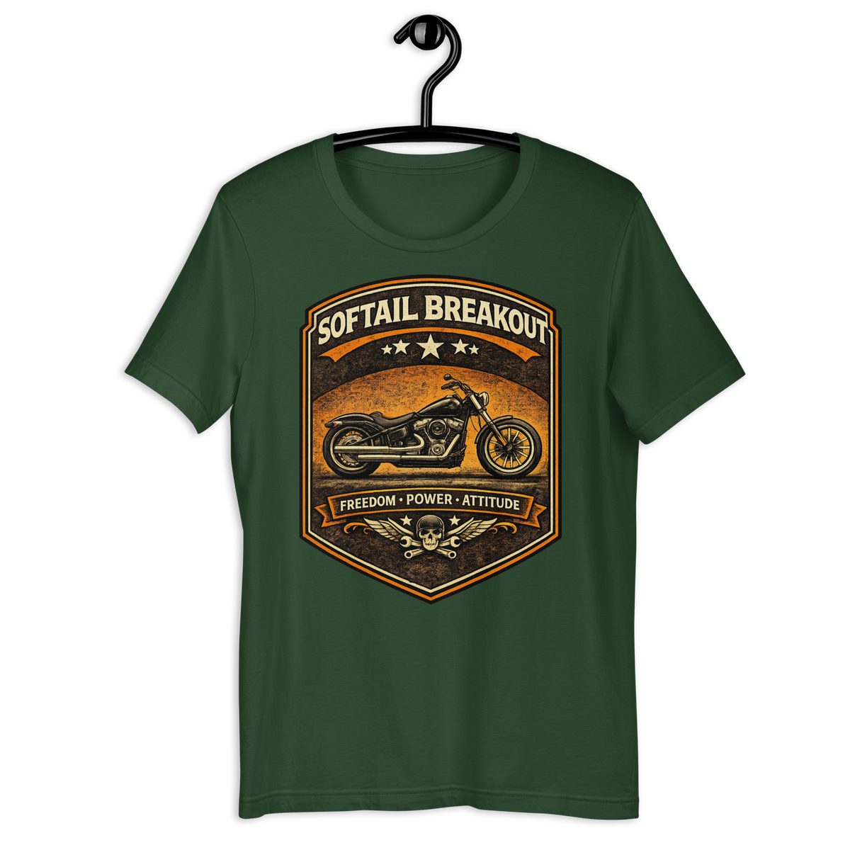 Softail Breakout Freedom Power Attitude Vintage Motorcycle Graphic Tee forest green t-shirt mockup