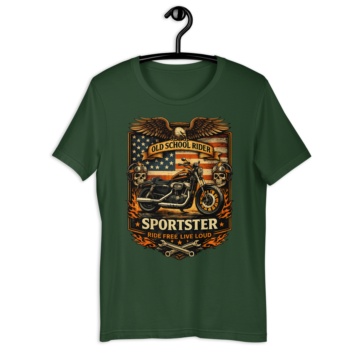 Old School Rider American Flag Motorcycle Graphic Tee forest green t-shirt mockup