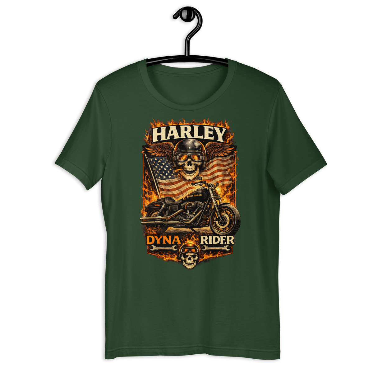Dyna Rider American Flag Motorcycle Graphic Tee forest green t-shirt mockup