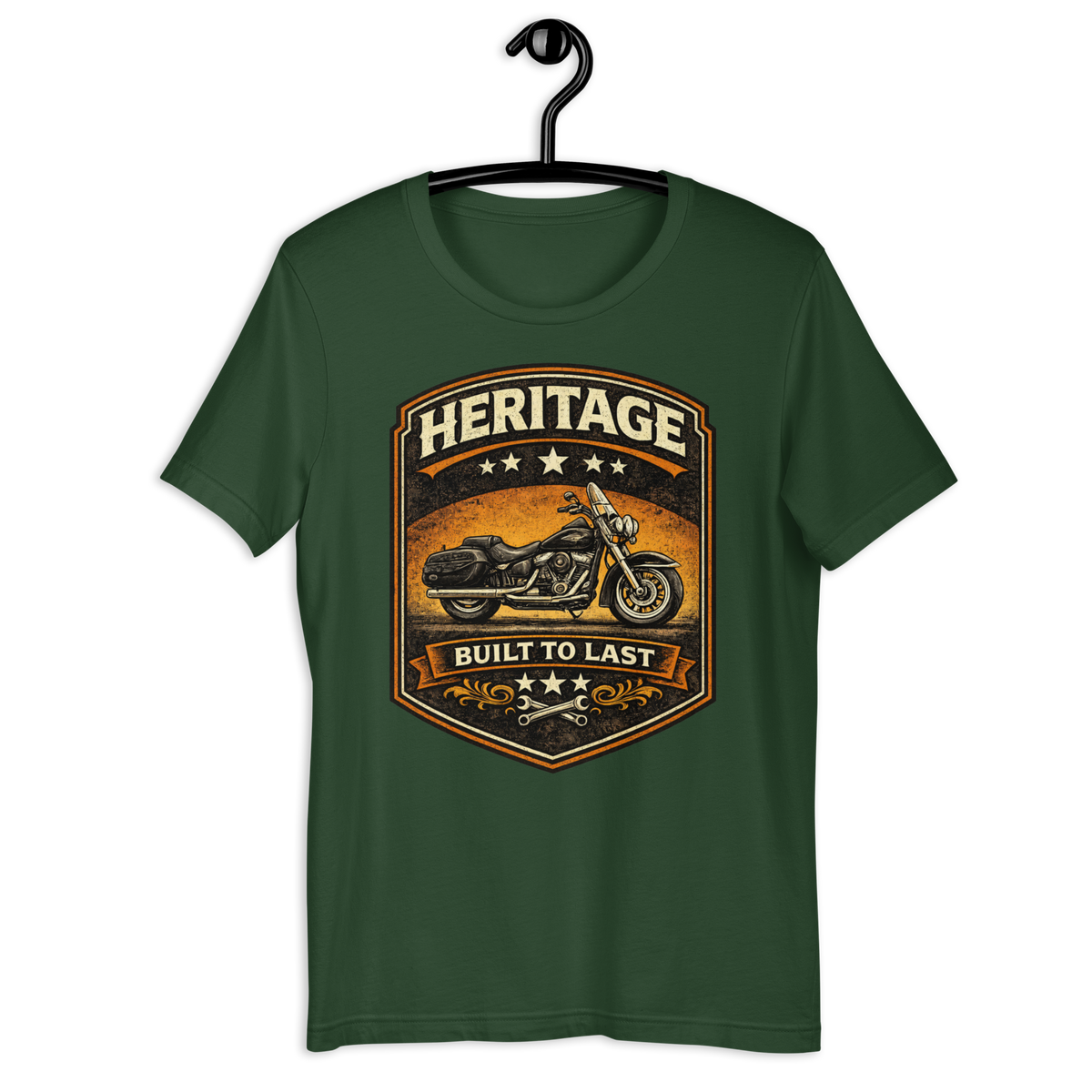 Heritage Built To Last Vintage Motorcycle Graphic Tee forest green t-shirt mockup