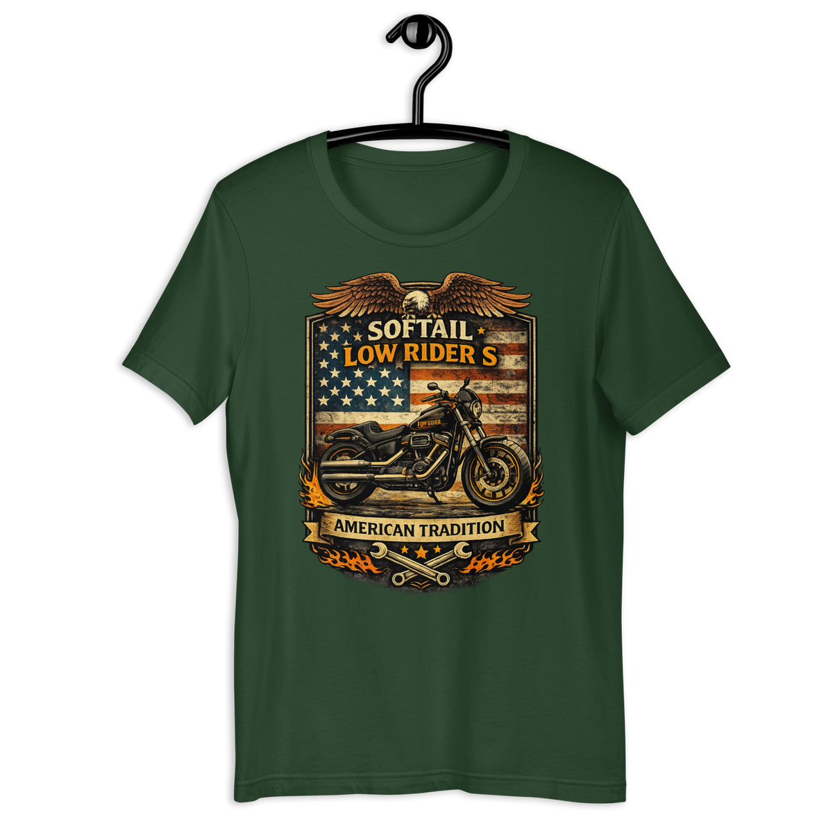 Softail Low Rider S American Tradition Patriotic Motorcycle Graphic Tee forest green t-shirt mockup