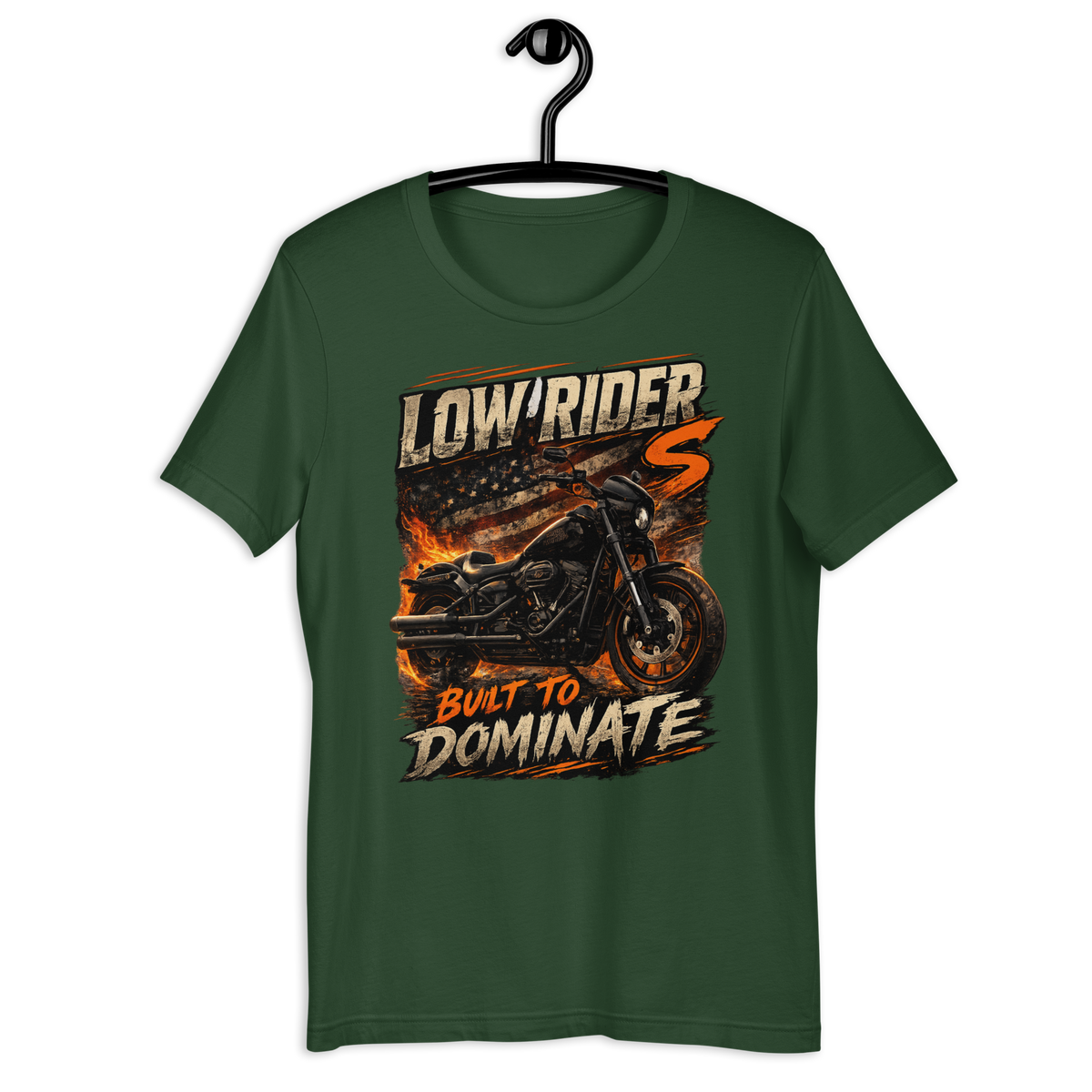 Low Rider S Built To Dominate American Flag Motorcycle Graphic Tee black t-shirt front mockup