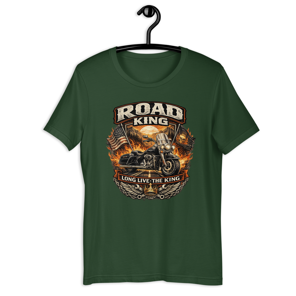Road King Long Live The King Vintage Motorcycle Graphic Tee forest green t-shirt mockup