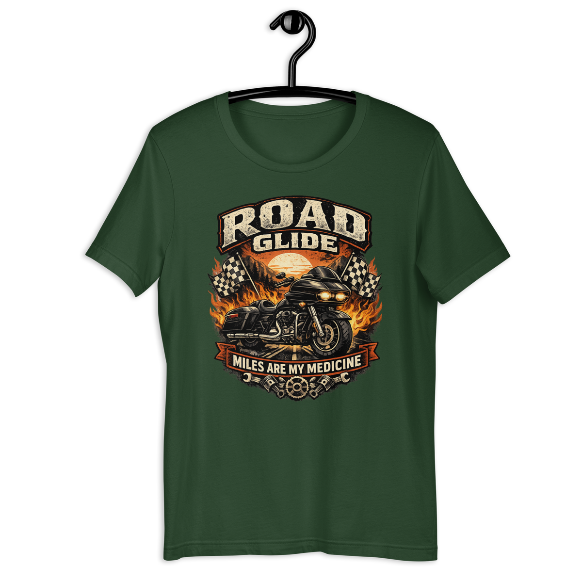 Road Glide Miles Are My Medicine Vintage Motorcycle Graphic Tee forest green t-shirt mockup