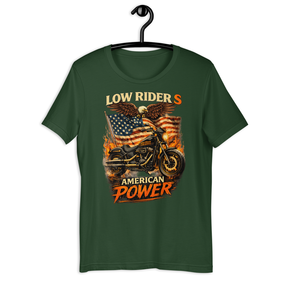 Low Rider S American Power Patriotic Motorcycle Graphic Tee forest green t-shirt mockup
